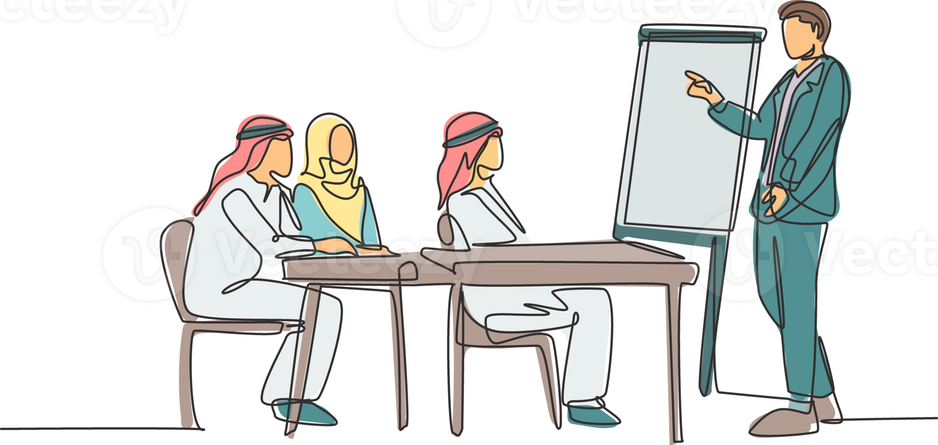 One continuous line drawing of young muslim business coach teaching how to start business without capital. Islamic clothing shemag, kandura, scarf keffiyeh. Single line draw design illustration png