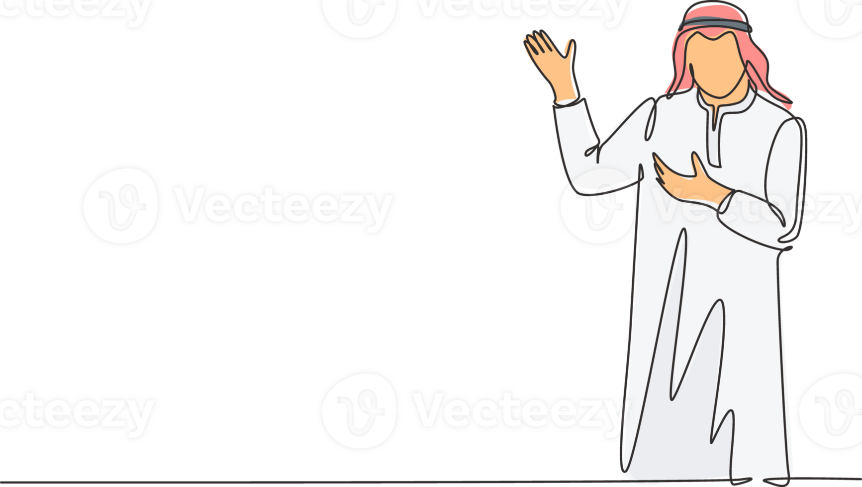 Single continuous line drawing of young muslim businessman giving presentation of explanation gesture hands. Arab middleeast cloth kandura, thawb, robe. One line draw design illustration png