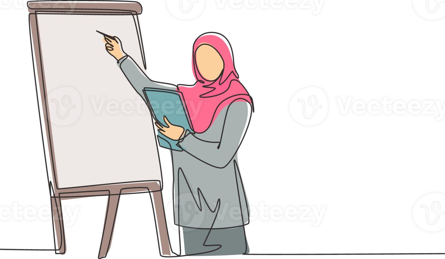 One continuous line drawing of young muslim businesswoman female do business presentation while team meeting at flip chart. Islamic clothing hijab and veil. Single line draw design illustration png