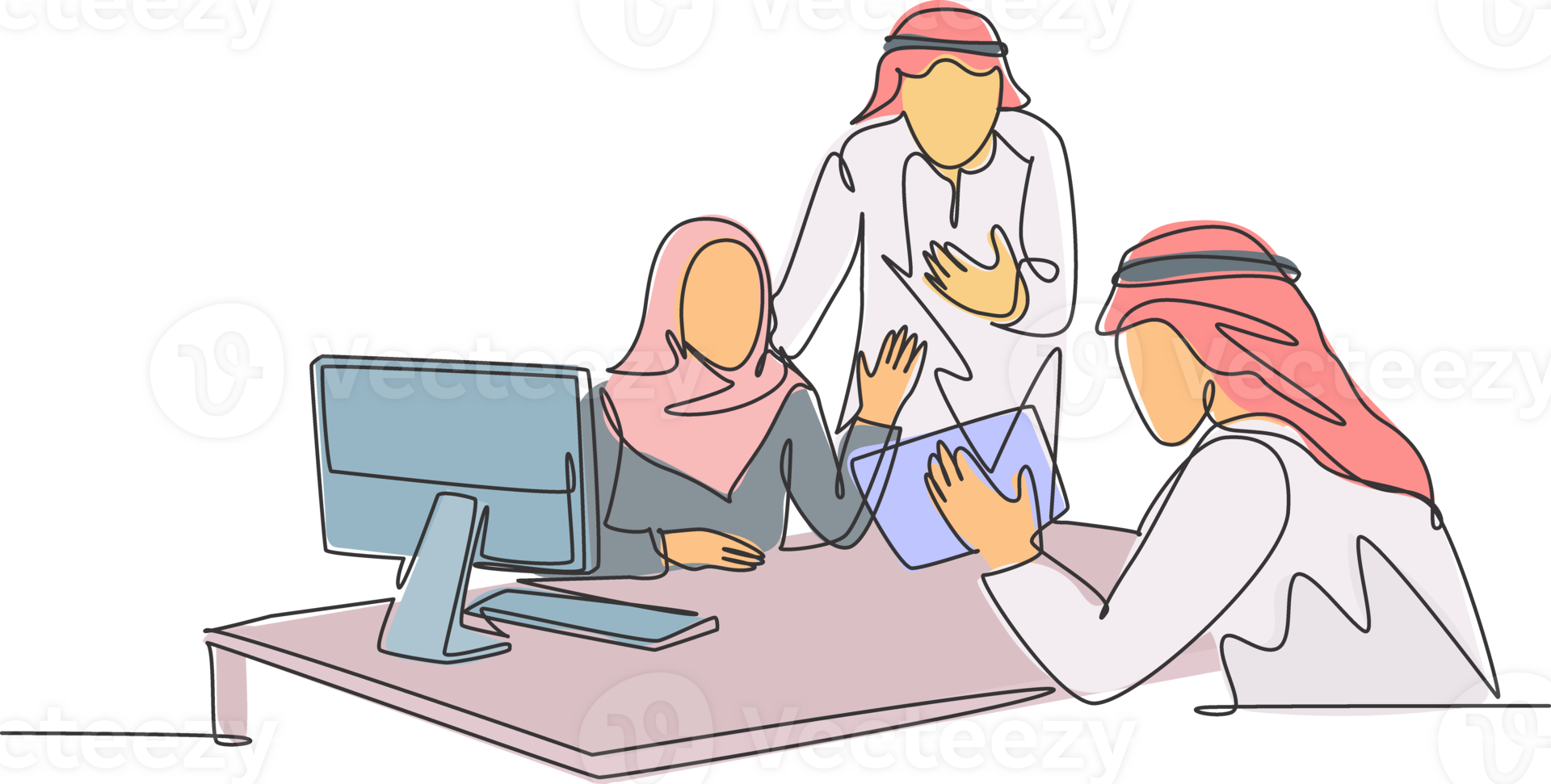 One continuous line drawing of young muslim business team members discussing product promotion strategy. Islamic clothing shemag, kandura, scarf, keffiyeh. Single line draw design illustration png