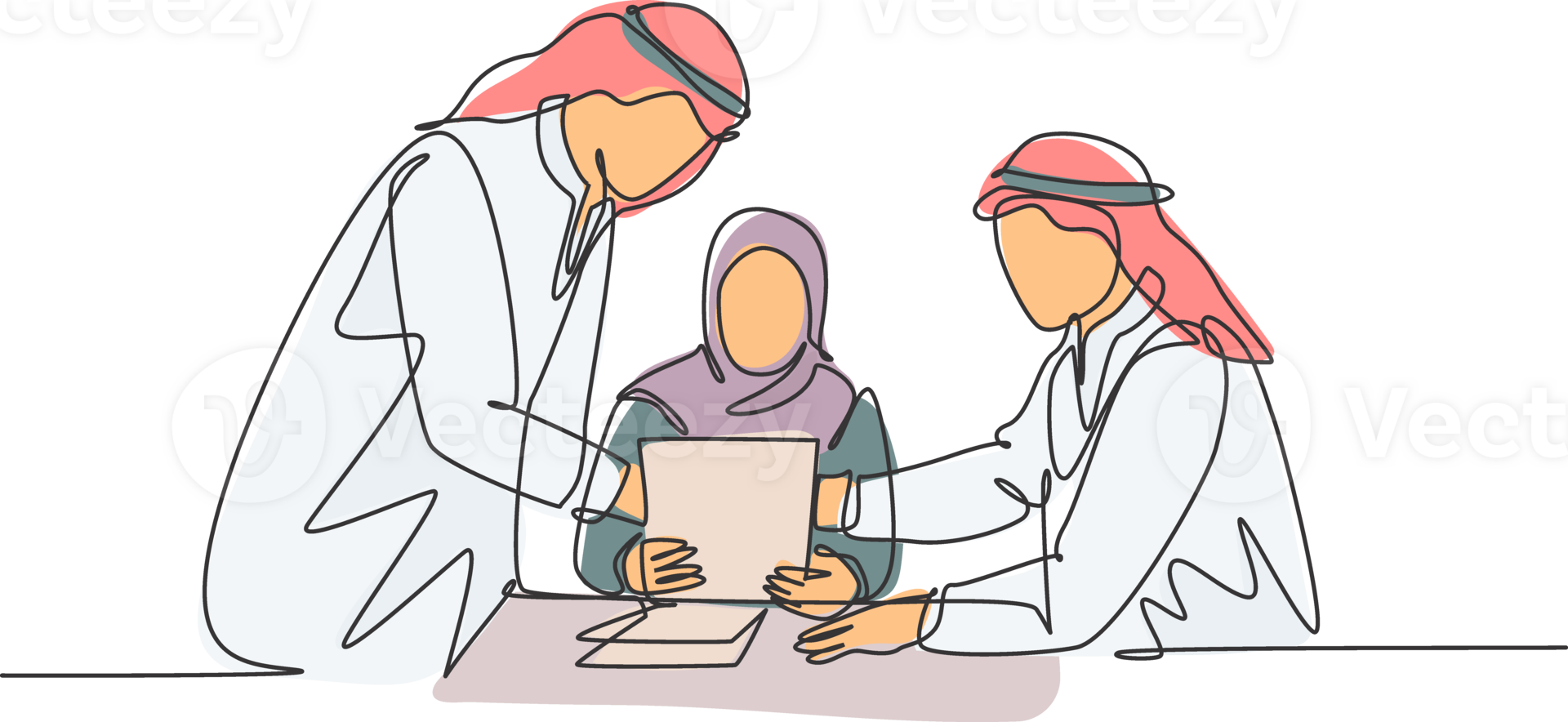 One single line drawing of young happy muslim managers discussing and designing company policy. Saudi Arabia cloth shmag, hijab, headscarf, thobe. Continuous line draw design illustration png