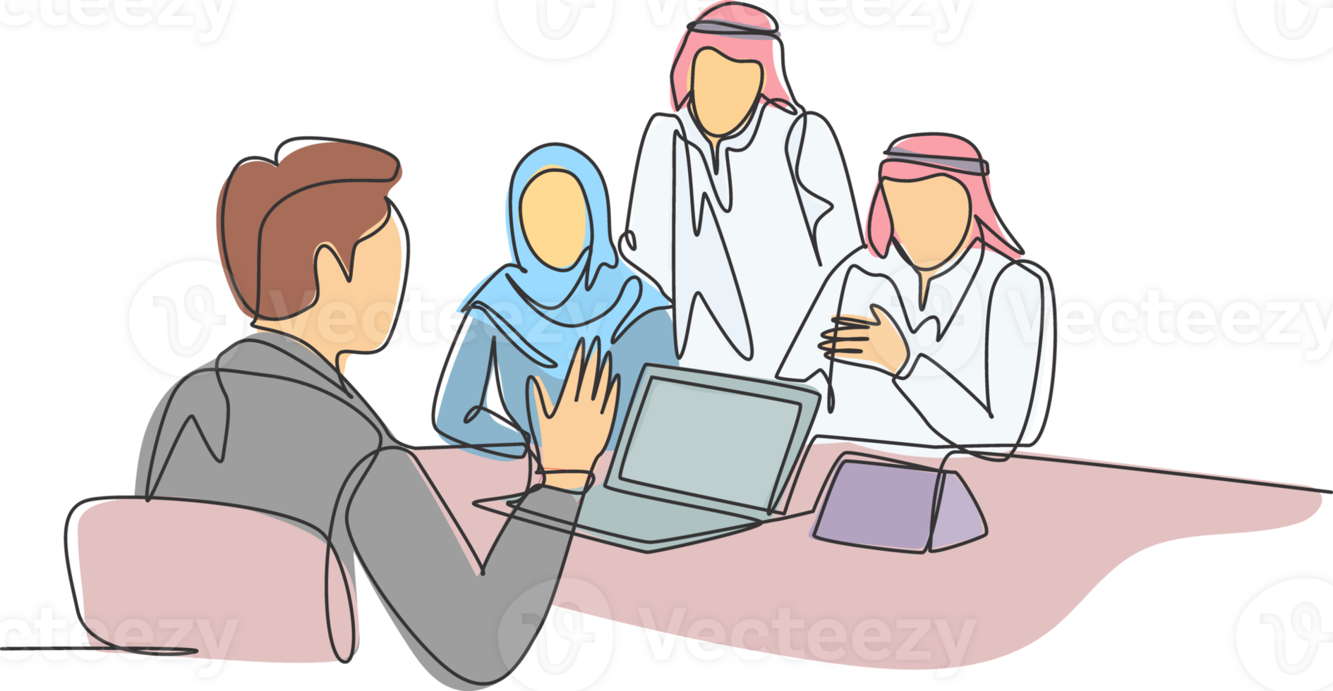 One single line drawing of young happy muslim businessmen get business coaching from consultant. Saudi Arabia cloth veil, headscarf, thobe, hijab. Continuous line draw design illustration png