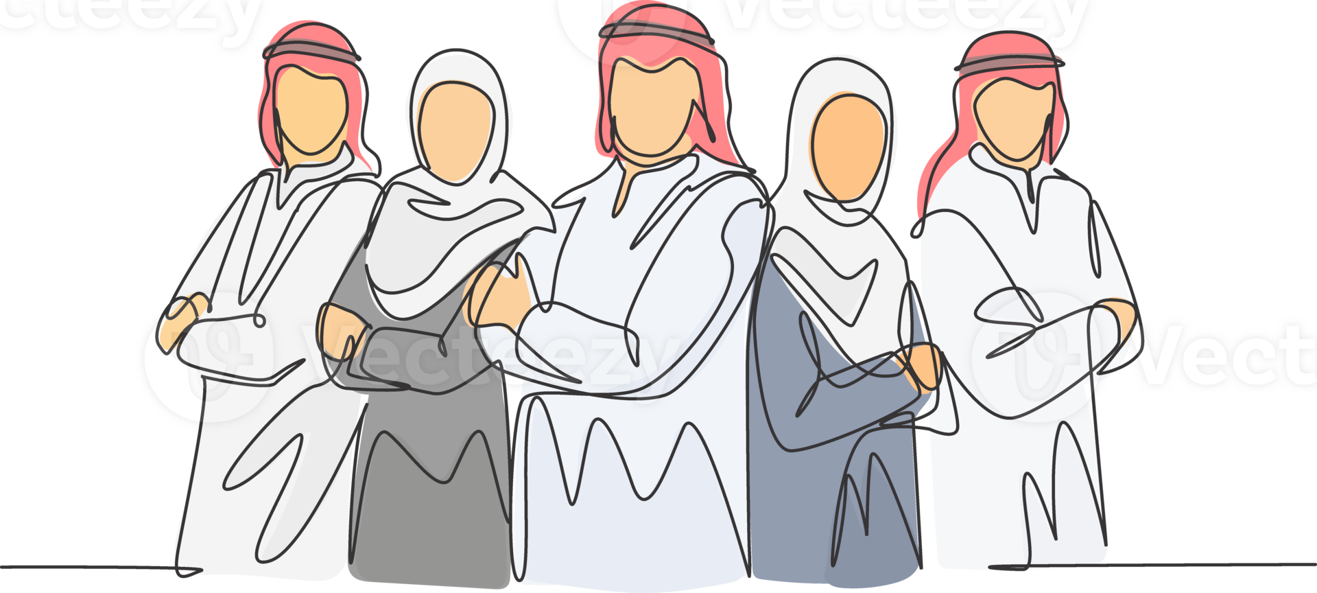 One continuous line drawing of young muslim businesspeople line up neatly with crossing hands on chest. Islamic clothing shemag, kandura, scarf, hijab. Single line draw design illustration png