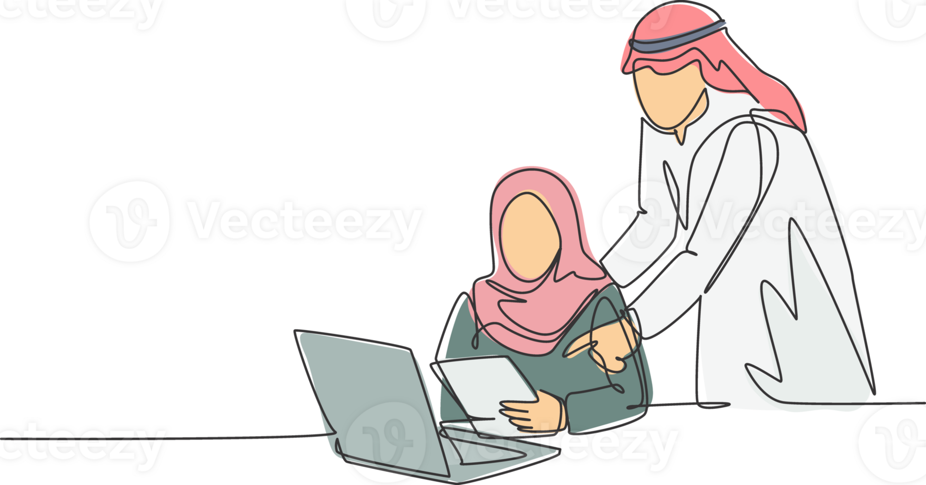 1 solteiro linha desenhando do jovem feliz muçulmano casal Gerente Ensinar para analisar dados a partir de base de dados. saudita arábia pano Kandora, lenço de cabeça, thobe, hijab. contínuo linha desenhar Projeto ilustração png