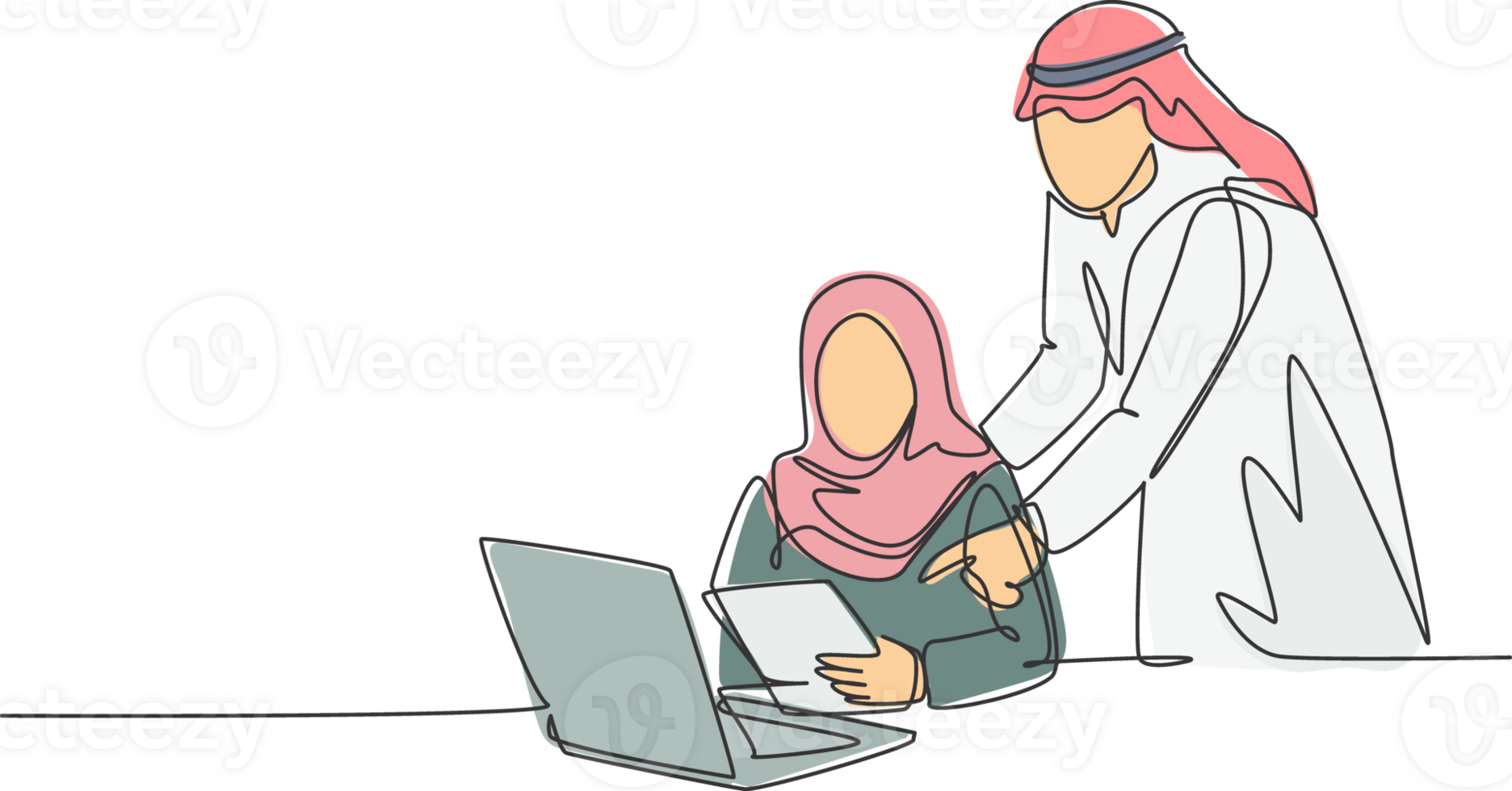 One single line drawing of young happy muslim couple manager teach to analyze data from database. Saudi Arabia cloth kandora, headscarf, thobe, hijab. Continuous line draw design illustration png