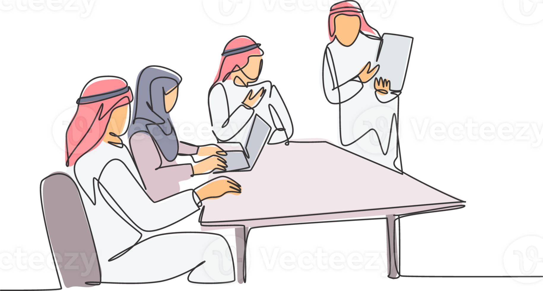One continuous line drawing of young muslim businessmen offered new business plan by foreign colleague. Islamic clothing shemag, kandura, scarf, keffiyeh. Single line draw design illustration png