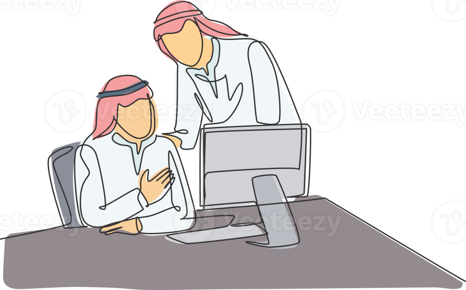 One continuous line drawing of young muslim startup team member discussing company business strategy together. Islamic clothing kandura, scarf, keffiyeh. Single line draw design illustration png