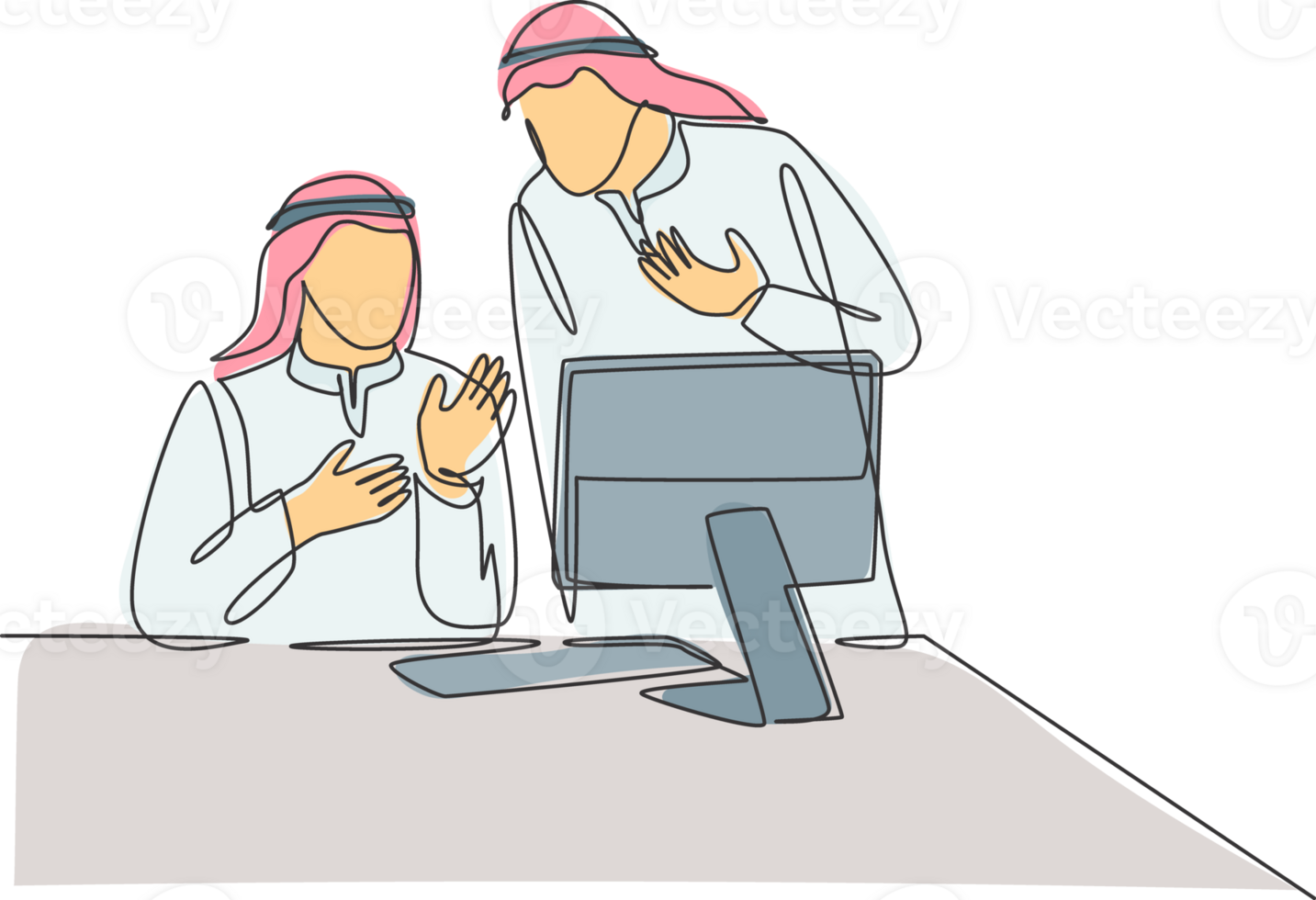 Single continuous line drawing of young muslim business men team members discussing company project plan. Arab middleeast cloth shmagh, kandura, thawb, robe. One line draw design illustration png