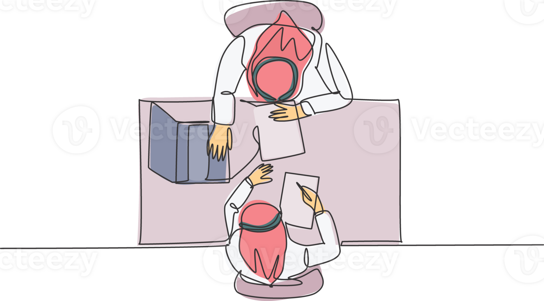 One single line drawing of young happy muslim businessman discussing contract deal with colleague, from top view. Saudi Arabia cloth headscarf, thobe. Continuous line draw design illustration png