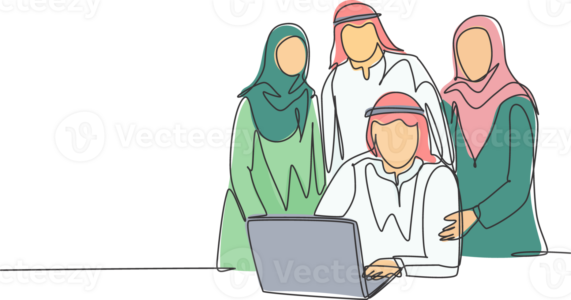 One single line drawing of young happy muslim startup team members pose together solidly. Saudi Arabia cloth shmag, kandora, headscarf, thobe, ghutra. Continuous line draw design illustration png