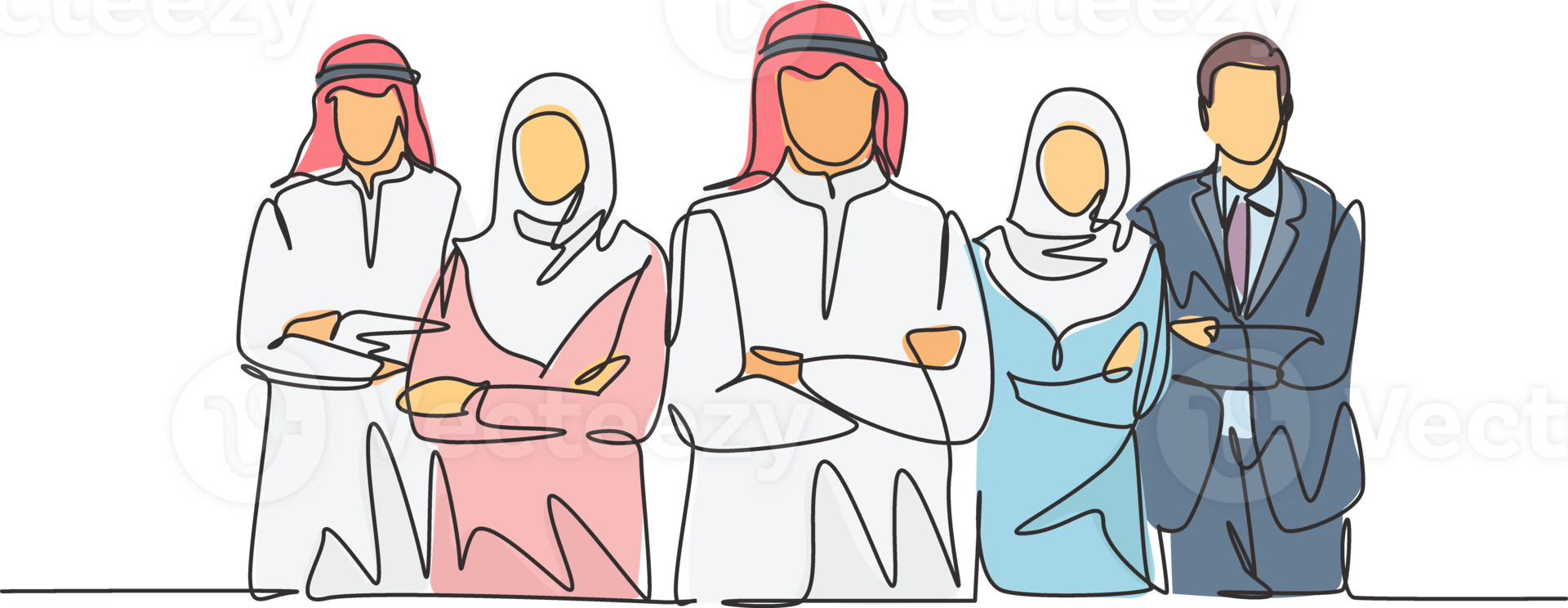 One continuous line drawing group of young muslim and multi ehtnic businessman businesswoman line up together. Islamic clothing scarf, keffiyeh, hijab suit. Single line draw design illustration png
