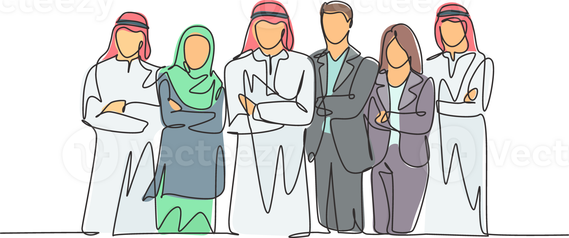 One continuous line drawing group of young muslim and multi ethnic businesspeople line up neatly. Islamic clothing shemag, kandura, scarf, hijab and suit. Single line draw design illustration png