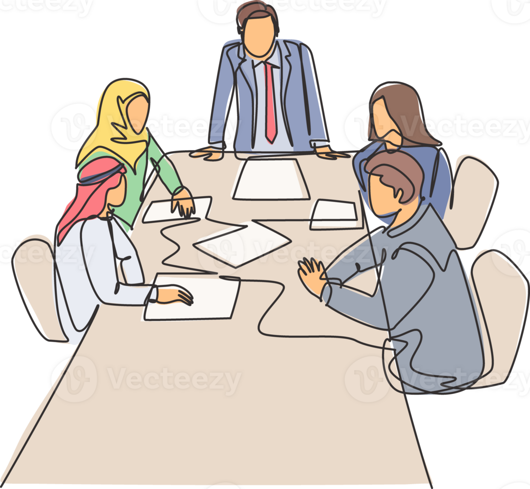 One continuous line drawing of young startup businessman do presentation to muslim investor community. Islamic clothing kandura, scarf, keffiyeh, hijab. Single line draw design illustration png