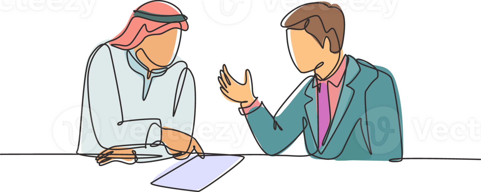 Single continuous line drawing of young muslim discussing business deal project with his colleague. Arab middleeast cloth shmagh, kandura, thawb, robe, hijab. One draw design illustration png