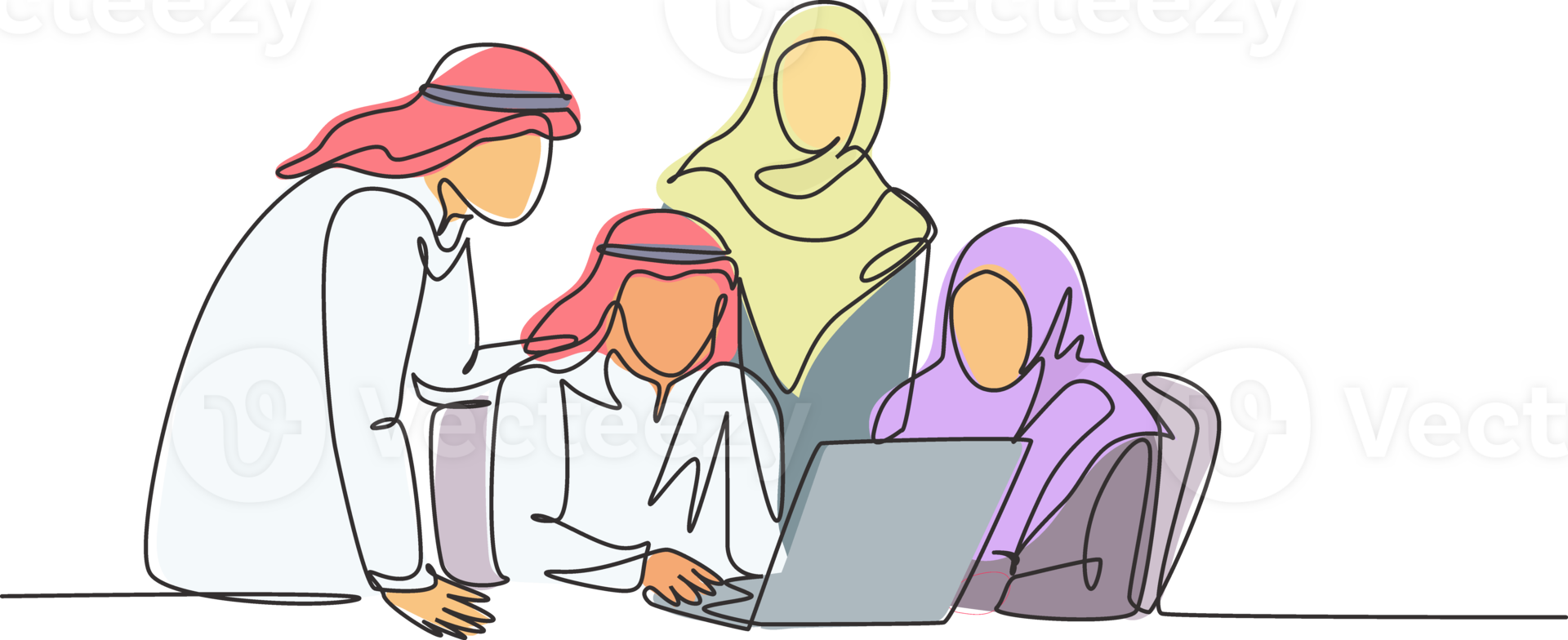 One single line drawing of young muslim business community discussing social project together. Saudi Arabia cloth shmag, headscarf, ghutra, hijab, veil. Continuous line draw design illustration png