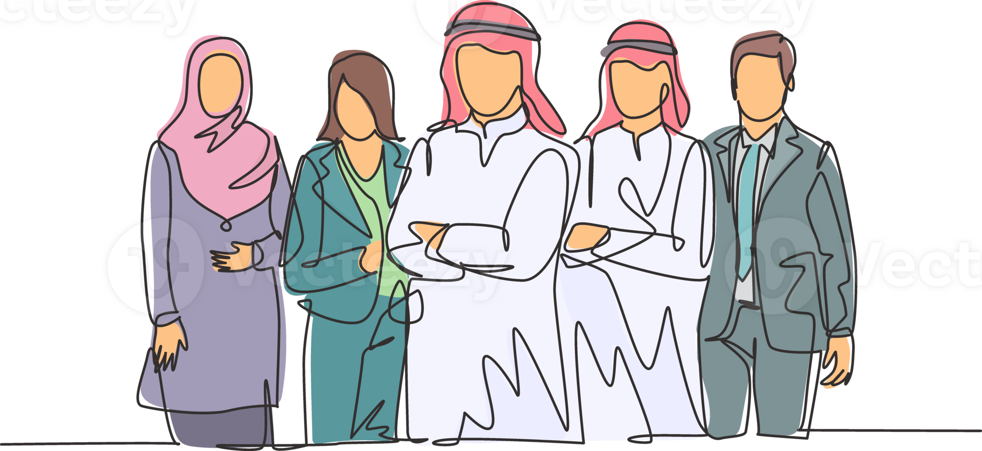 One continuous line drawing group of young muslim and multi ethnic manager pose standing together. Islamic clothing shemag, kandura, scarf, hijab, veil. Single line draw design illustration png
