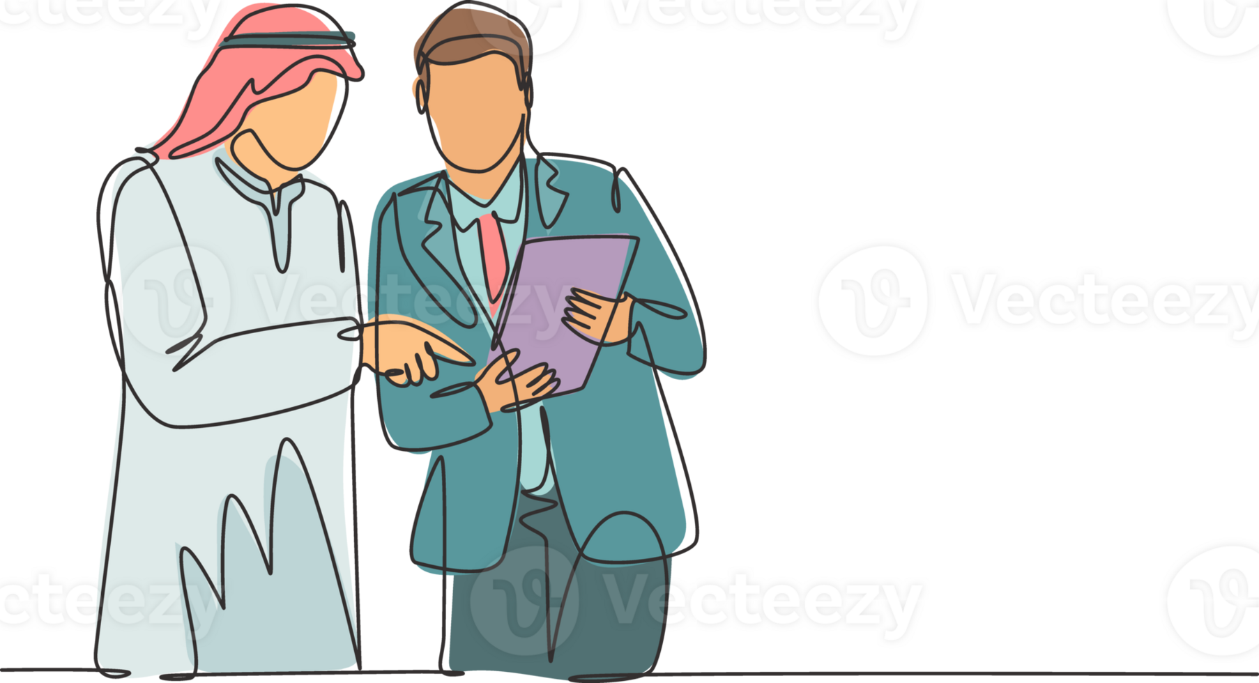 Single continuous line drawing of young muslim analyzing and discussing annual business report with his colleague. Arab middleeast cloth shmagh, thawb, robe. One draw design illustration png