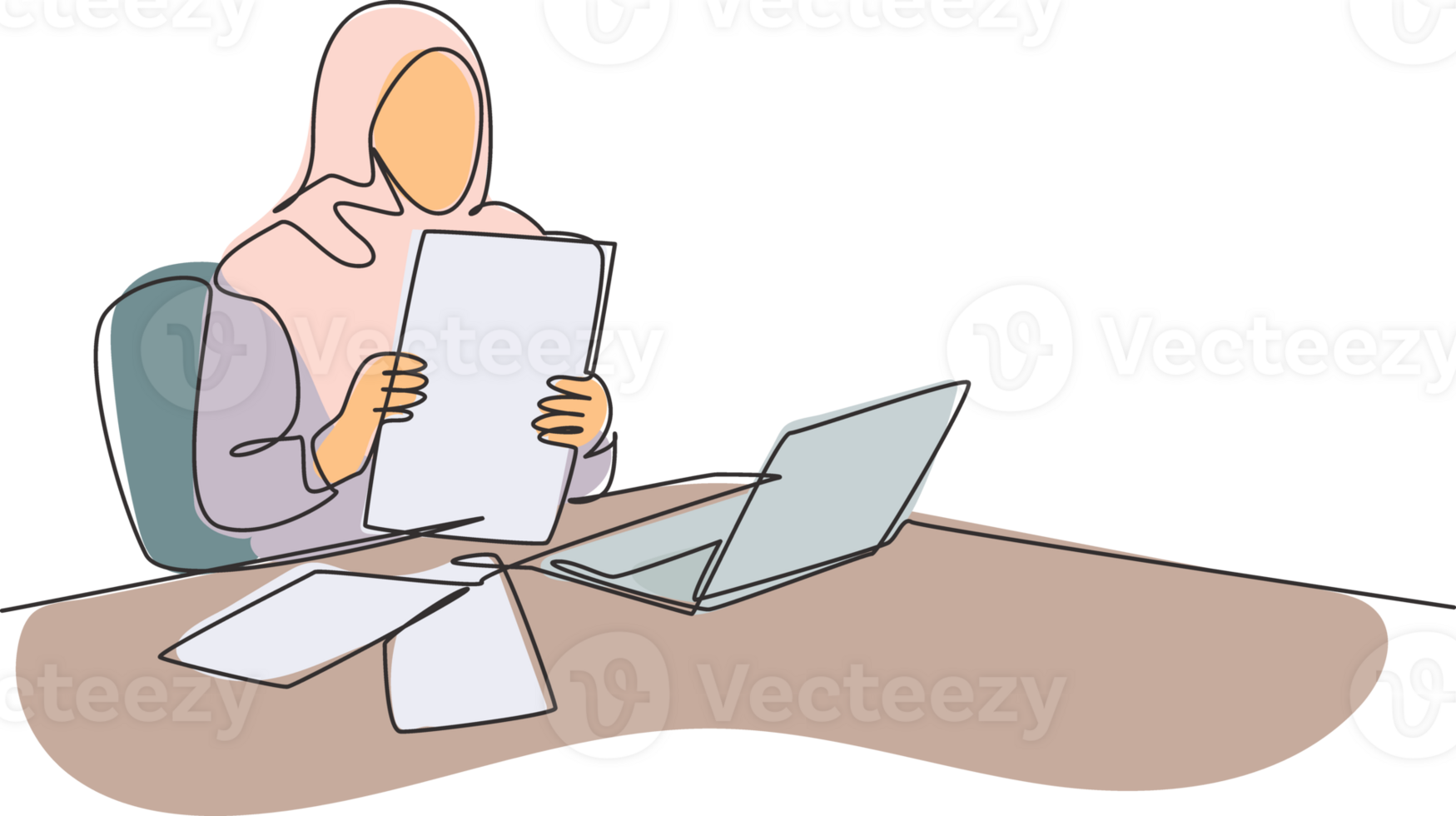 Single continuous line drawing of young muslim woman prepare business paper documents before business meeting at office. Arab middleeast cloth veil and hijab. One draw design illustration png
