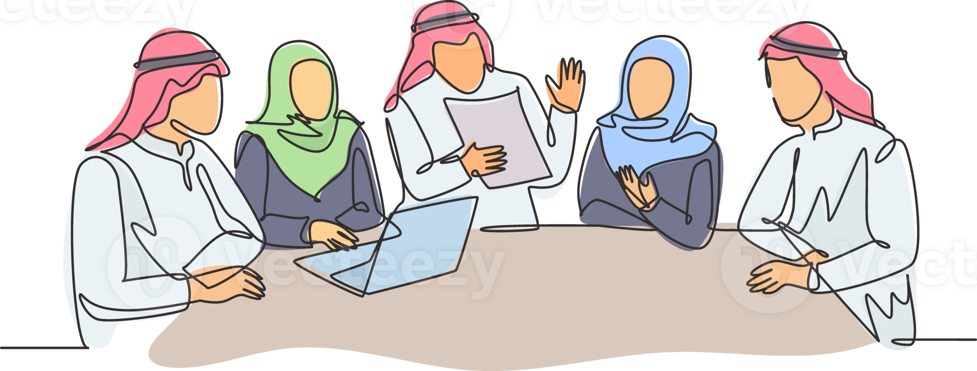 One continuous line drawing of young muslim businessman and businesswoman discussing business project together. Islamic clothing kandura, scarf, hijab. Single line draw design illustration png