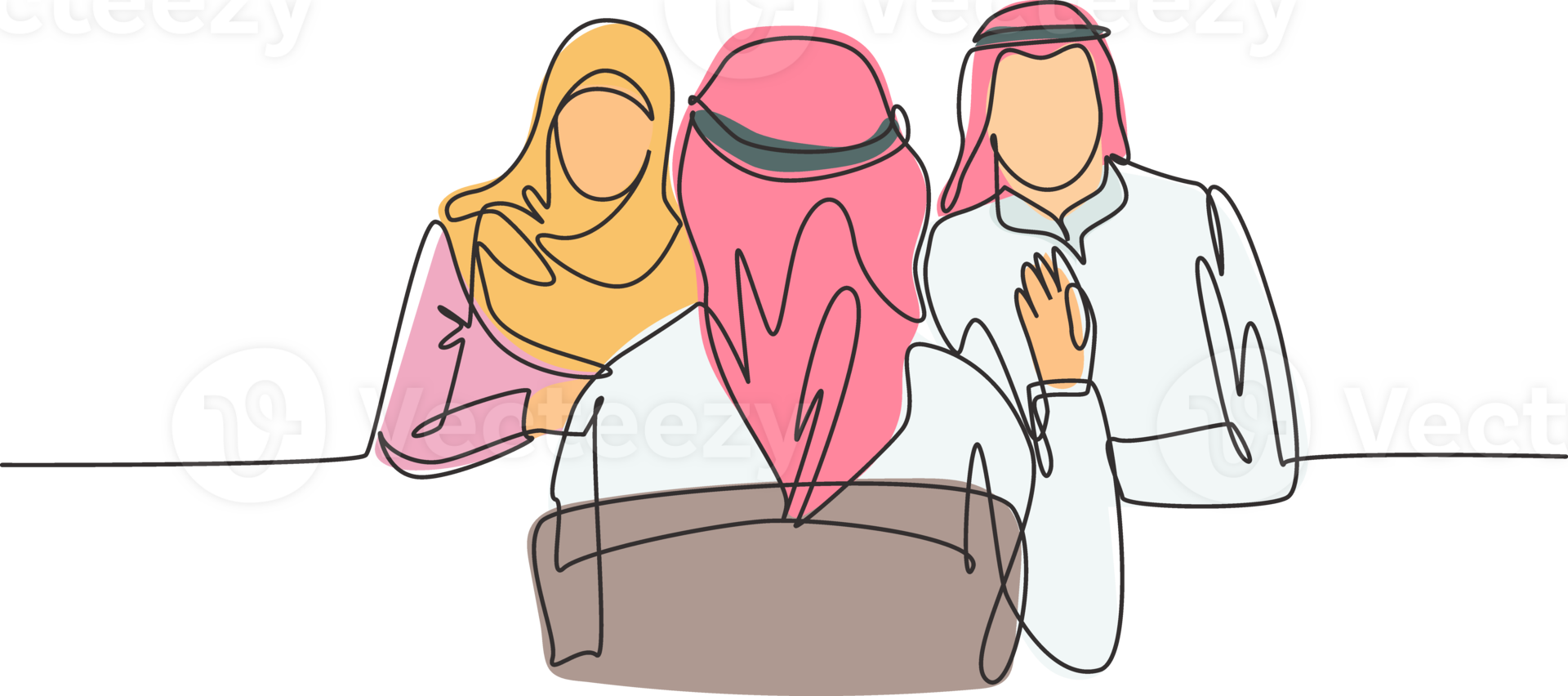 One single line drawing of young muslim stratup founder interviewing employee candidate at office. Saudi Arabia cloth kandora, thobe, ghutra, hijab. Continuous line draw design illustration png
