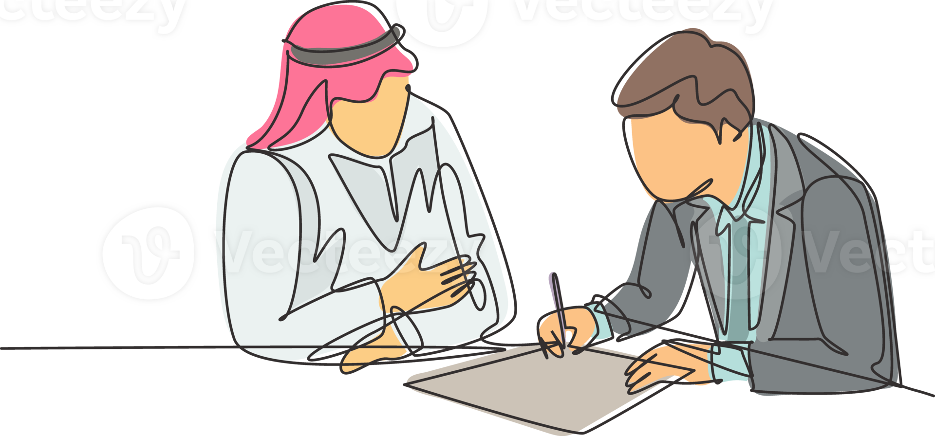 Single continuous line drawing of young muslim sign a business deal agreement contract with his colleague. Arab middleeast cloth shmagh, kandura, robe, hijab. One draw design illustration png