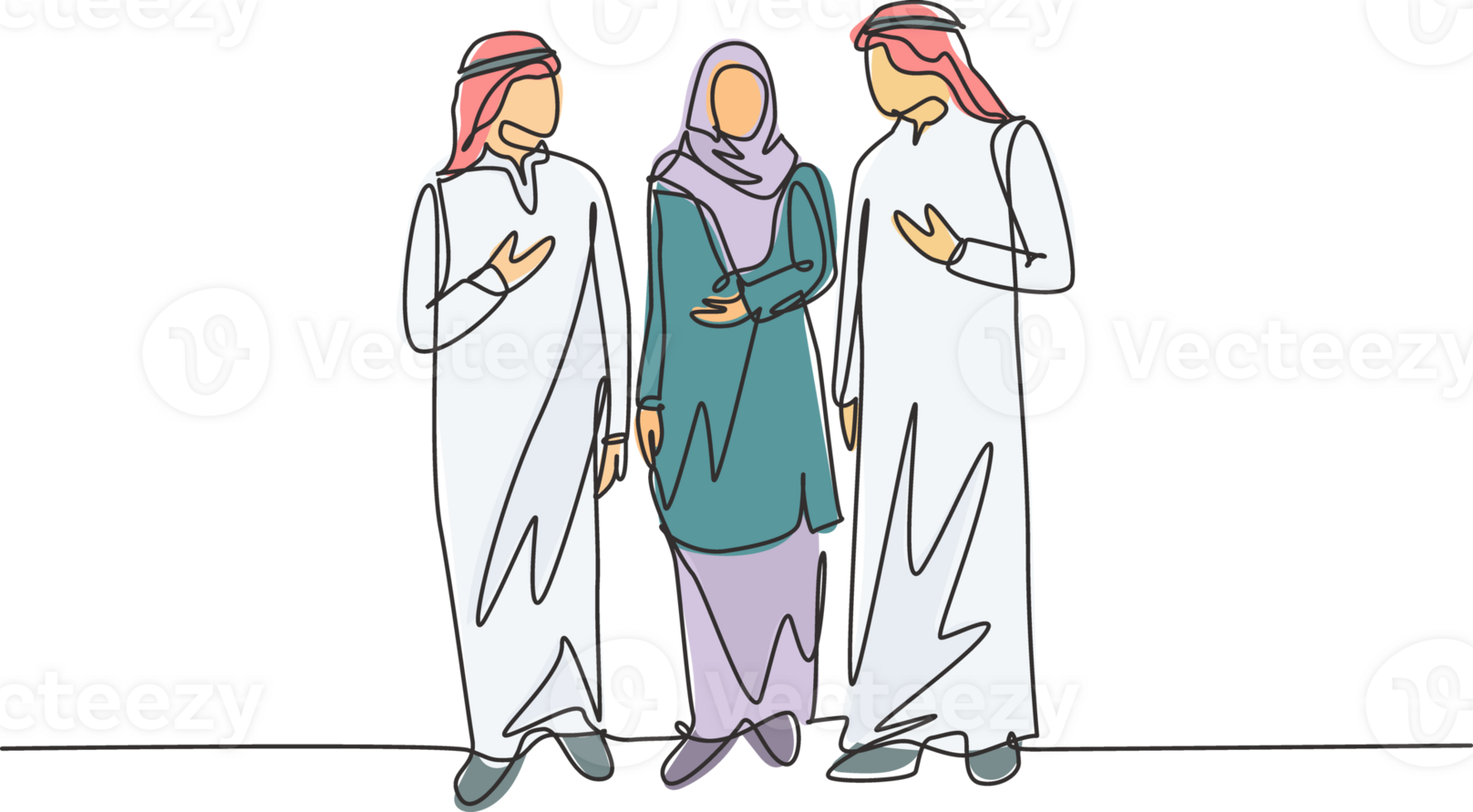 One single line drawing of young urban muslim commuter walking together at citystreet. Saudi Arabia cloth shmag, headscarf, thobe, ghutra, hijab, veil. Continuous line draw design illustration png