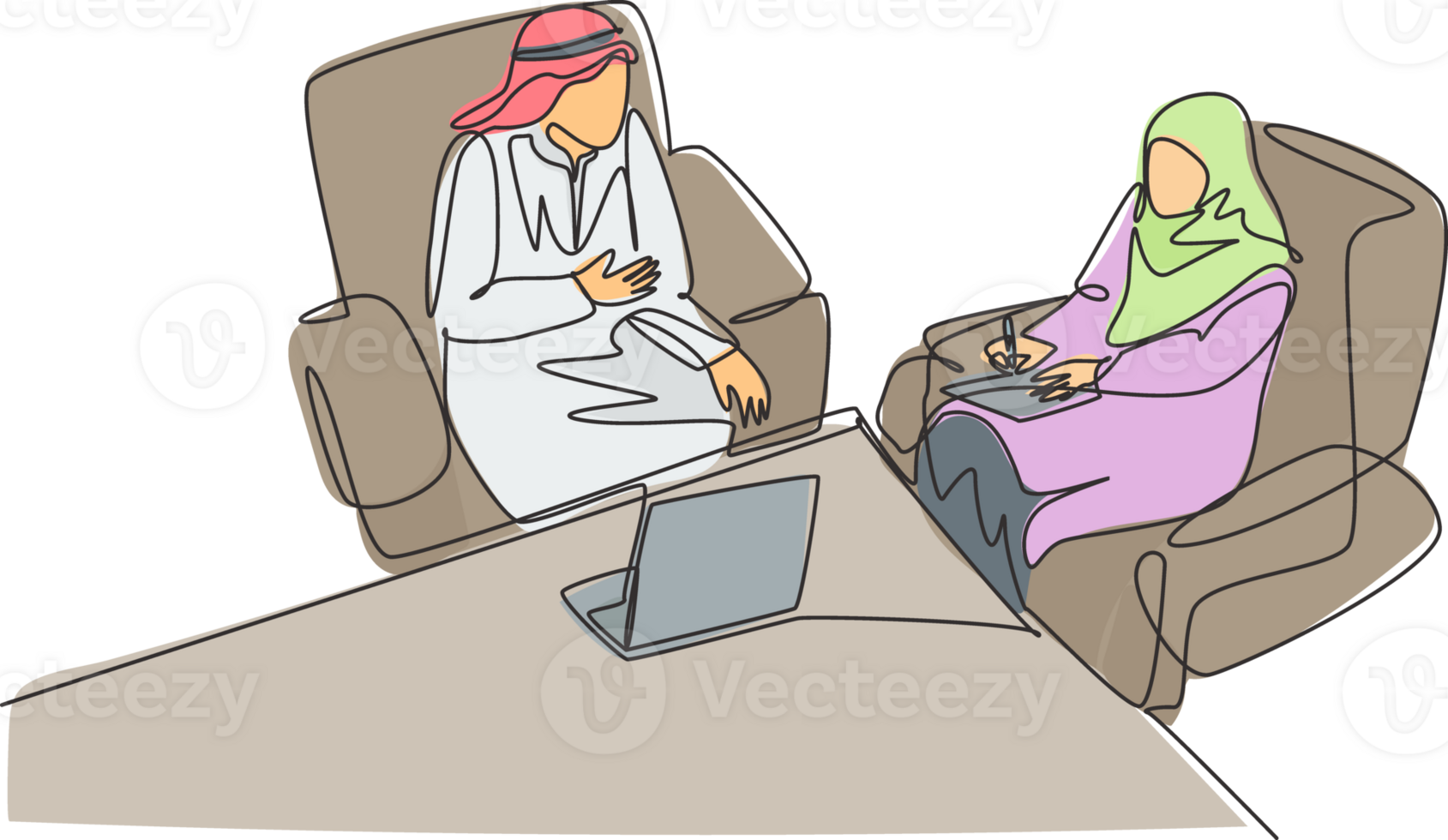 Single continuous line drawing of young muslim businessman and businesswoman discussing business project together. Arab middleeast cloth shmagh, robe, one draw design illustration png