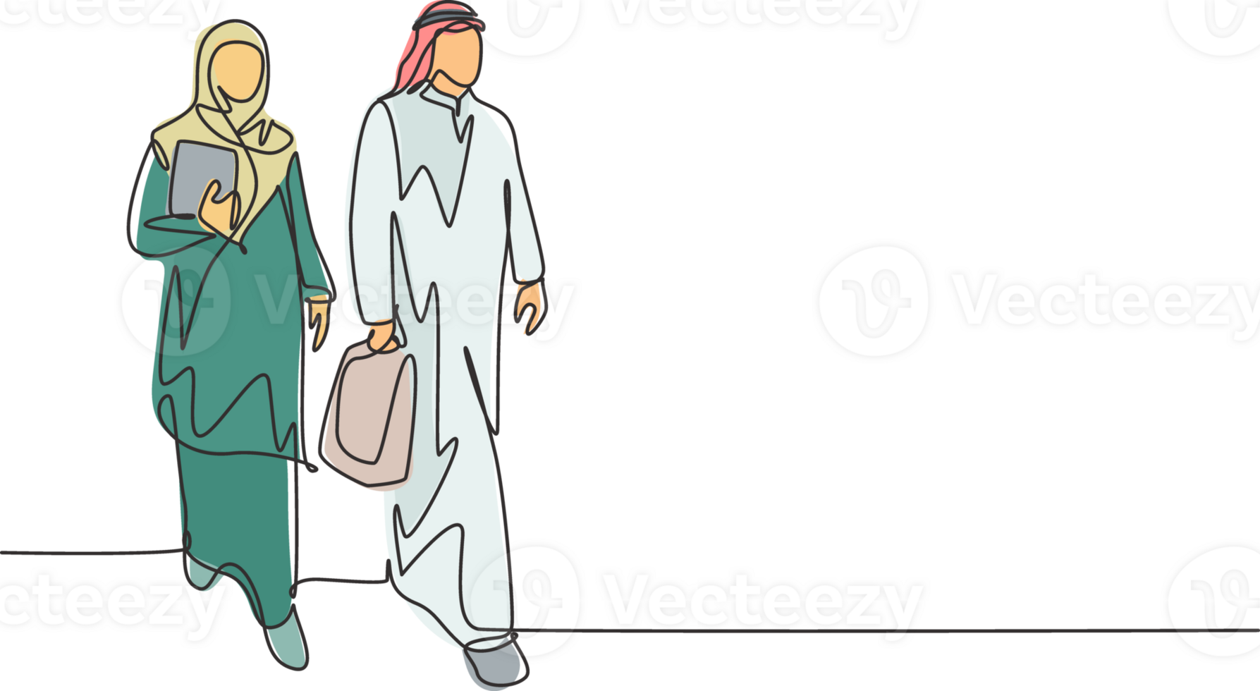 Single continuous line drawing of young happy businessman walking together with his assistant while go to the meeting room. Arab middle east woman cloth veil hijab. One draw design vector illustration png