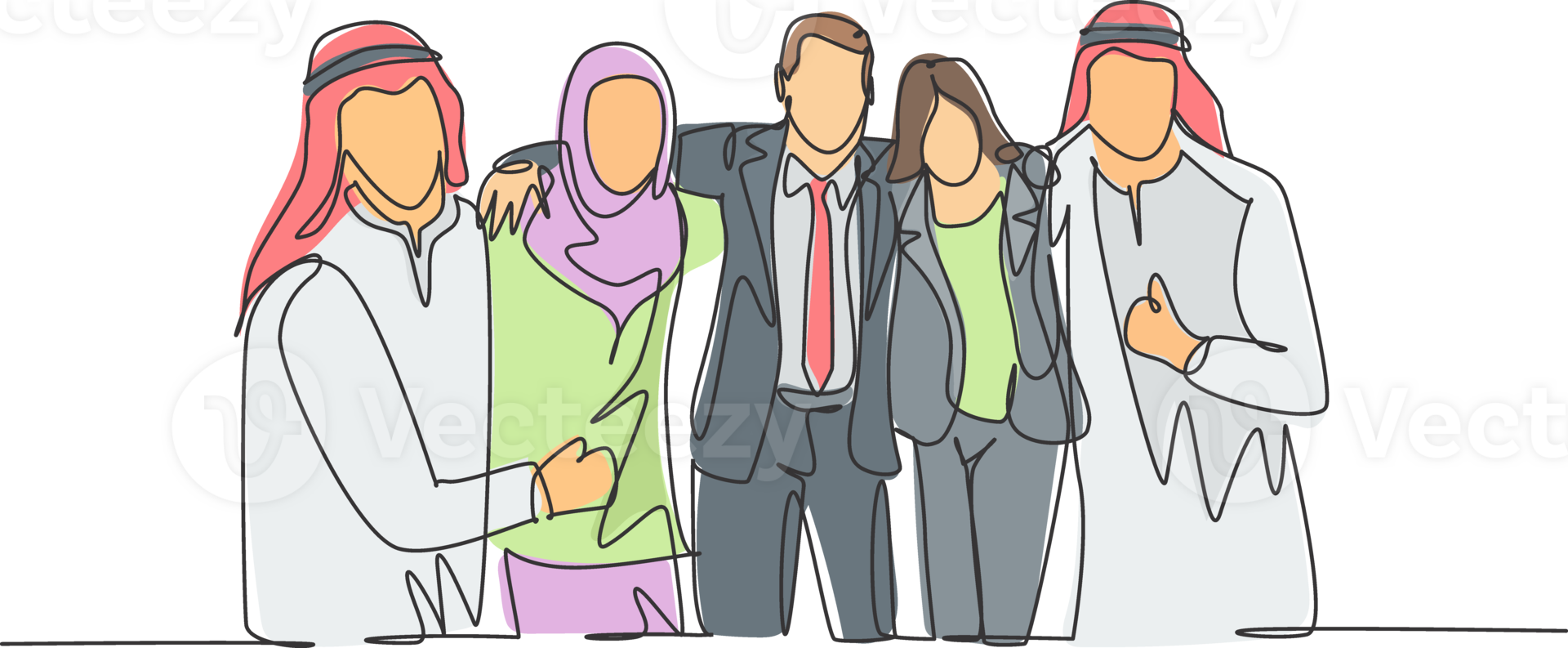One continuous line drawing of young male and female muslim businesspeople embracing shoulder each other. Islamic clothing shemag, hijab, scarf, keffiyeh. Single line draw design illustration png