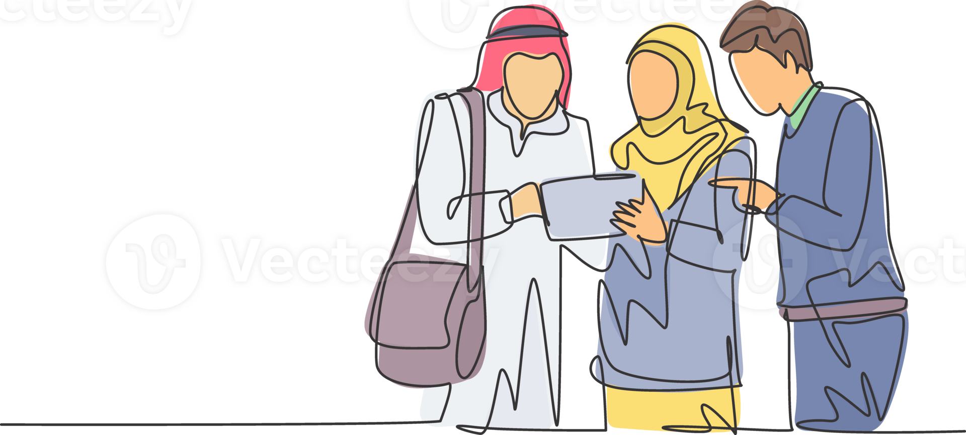 Single continuous line drawing of young male and female muslim worker discussing marketing strategy together. Arab middleeast cloth shmagh, thawb, hijab robe. One line draw design illustration png