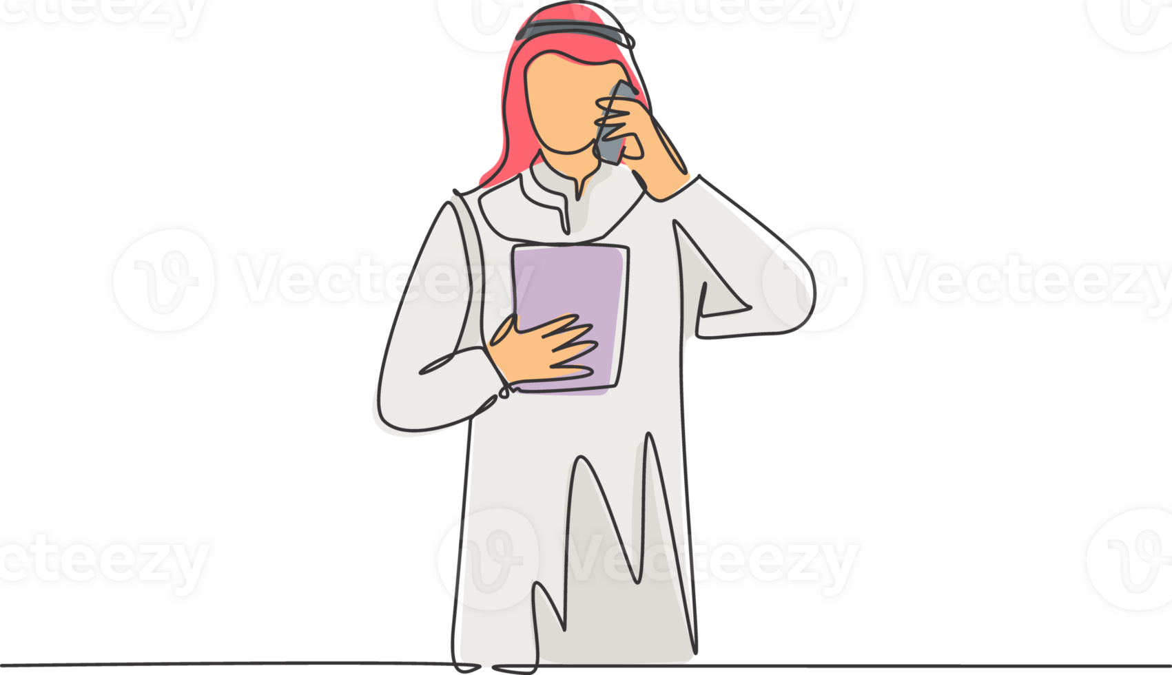 Single continuous line drawing of young male muslim supervisor calling his staff to control the job task. Arab middleeast cloth shmagh, kandura, thawb, robe. One line draw design illustration png