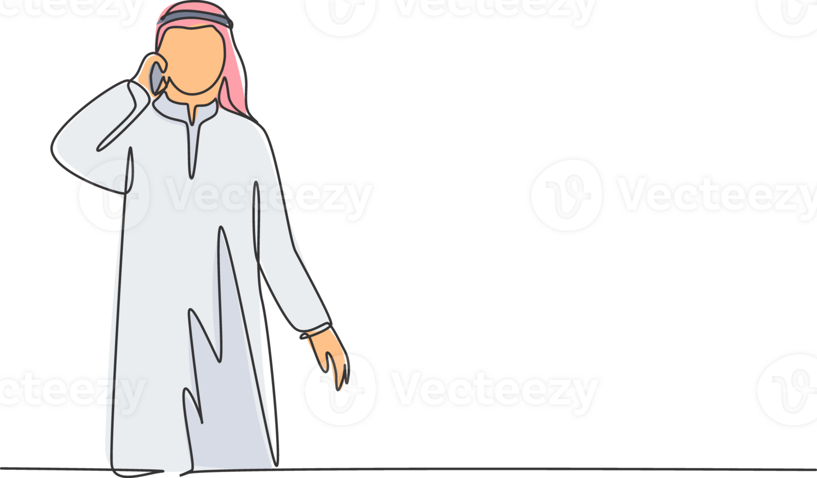 Single continuous line drawing of young male muslim businessman calling his business partner with smarphone. Arab middleeast cloth shmagh, kandura, thawb. One line draw design illustration png
