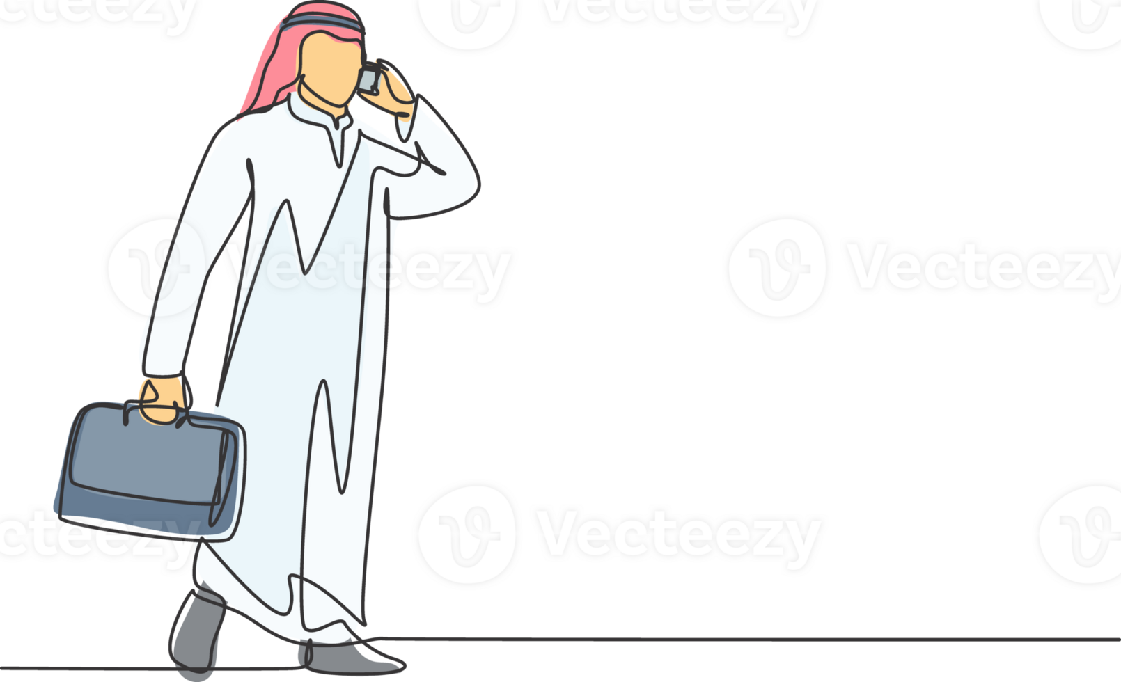 One single line drawing of young happy male muslim worker calling his colleagues by phone. Saudi Arabia cloth shmag, kandora, headscarf, thobe, ghutra. Continuous line draw design illustration png