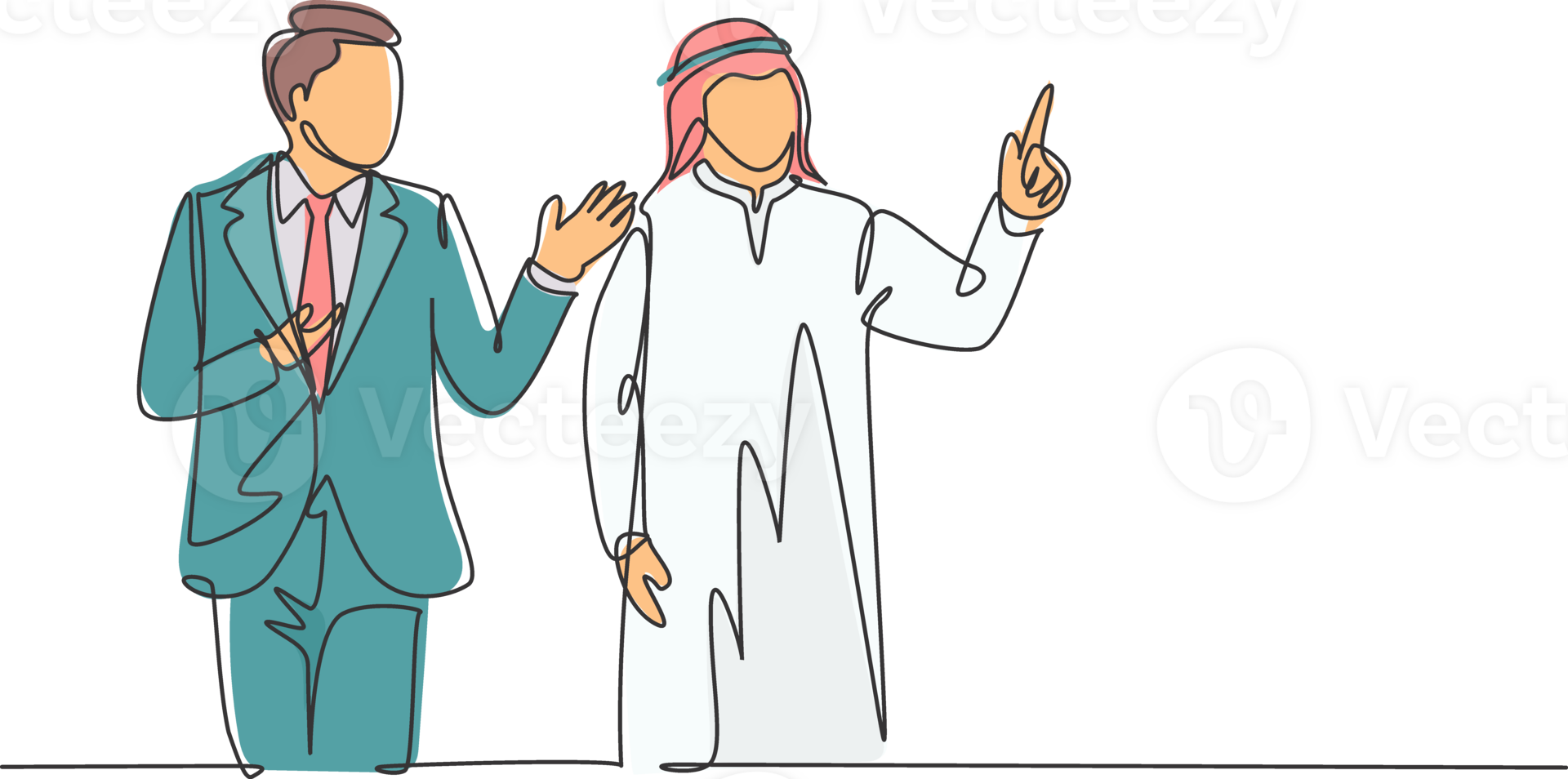 One continuous line drawing of young male muslim businessman meeting and talking with his colleague. Islamic clothing shemag, kandura, scarf, keffiyeh. Single line draw design illustration png