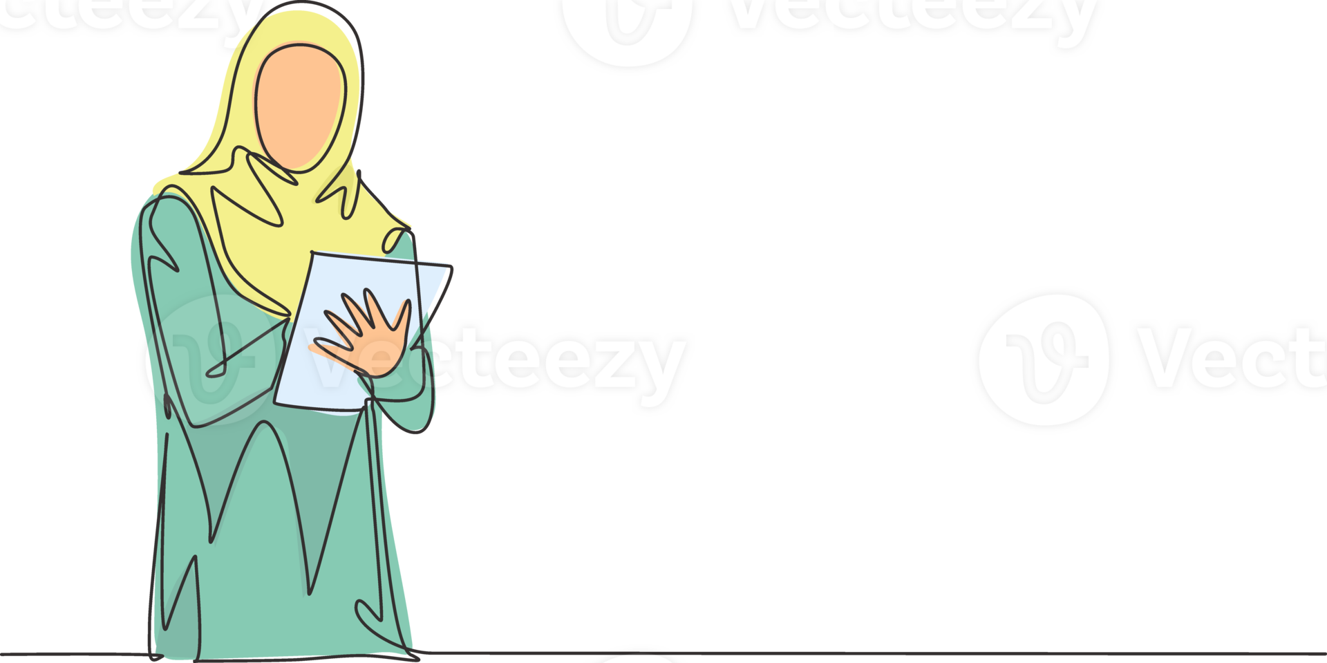 One continuous line drawing of young female muslim businesswoman analyzing company business progress from tablet screen. Islamic clothing hijab and veil. Single line draw design illustration png