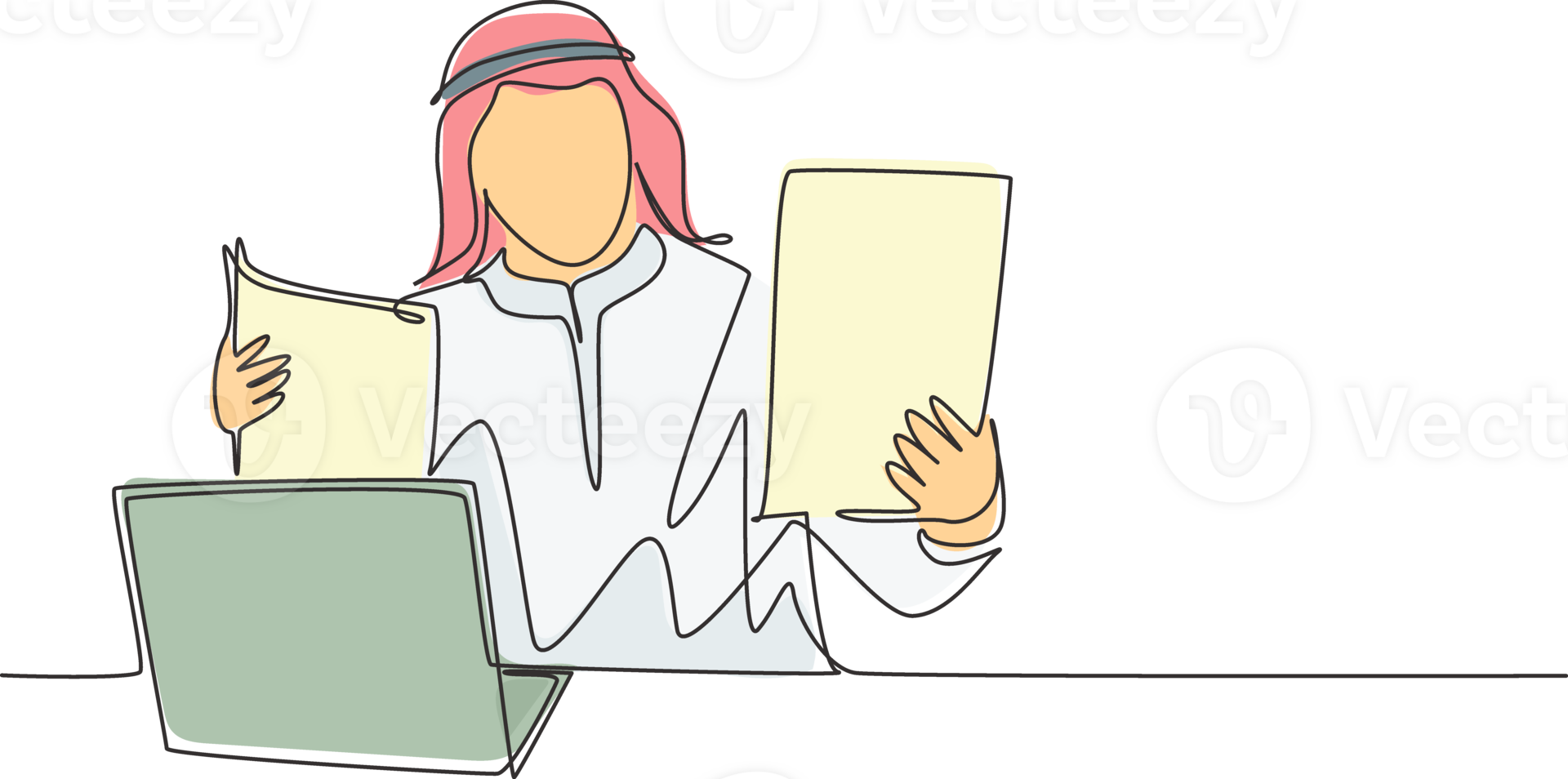 Single continuous line drawing of young male muslim businessman reading contract agreement from colleague. Arab middleeast cloth shmagh, kandura, thawb, robe. One line draw design illustration png