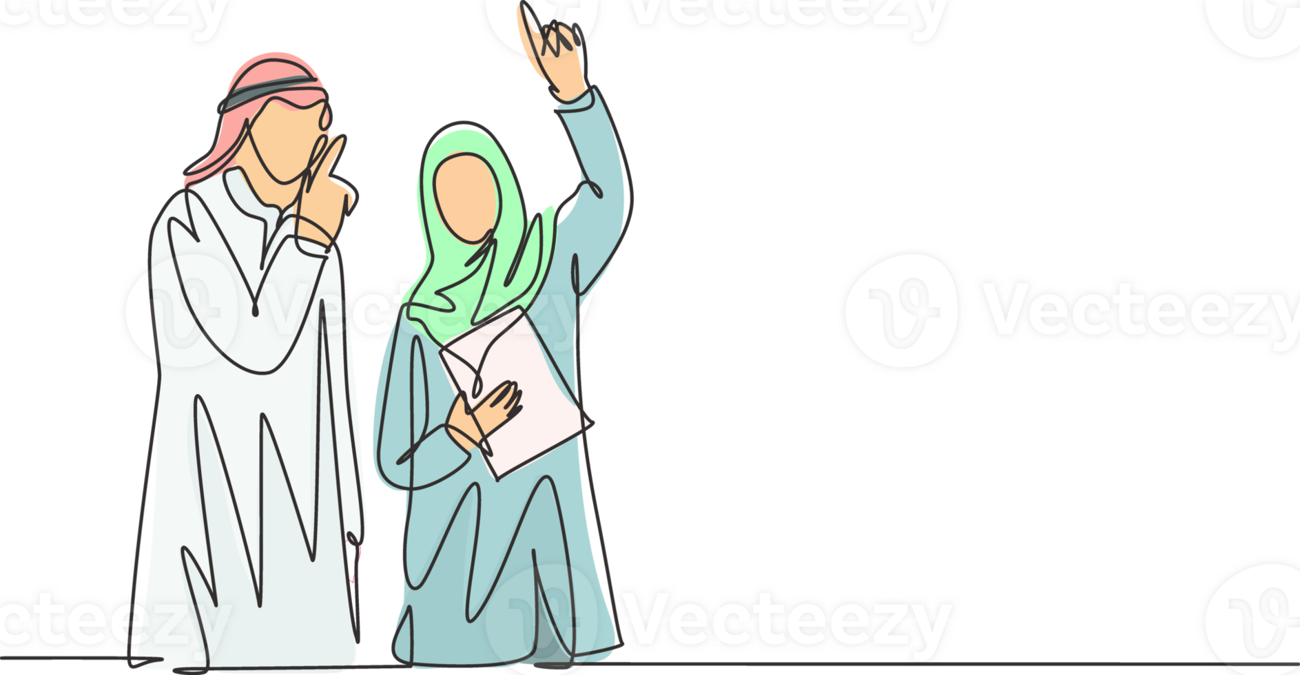 One single line drawing of young happy male and female muslim manager discussing business project. Saudi Arabia cloth shmag, hijab, headscarf, ghutra. Continuous line draw design illustration png