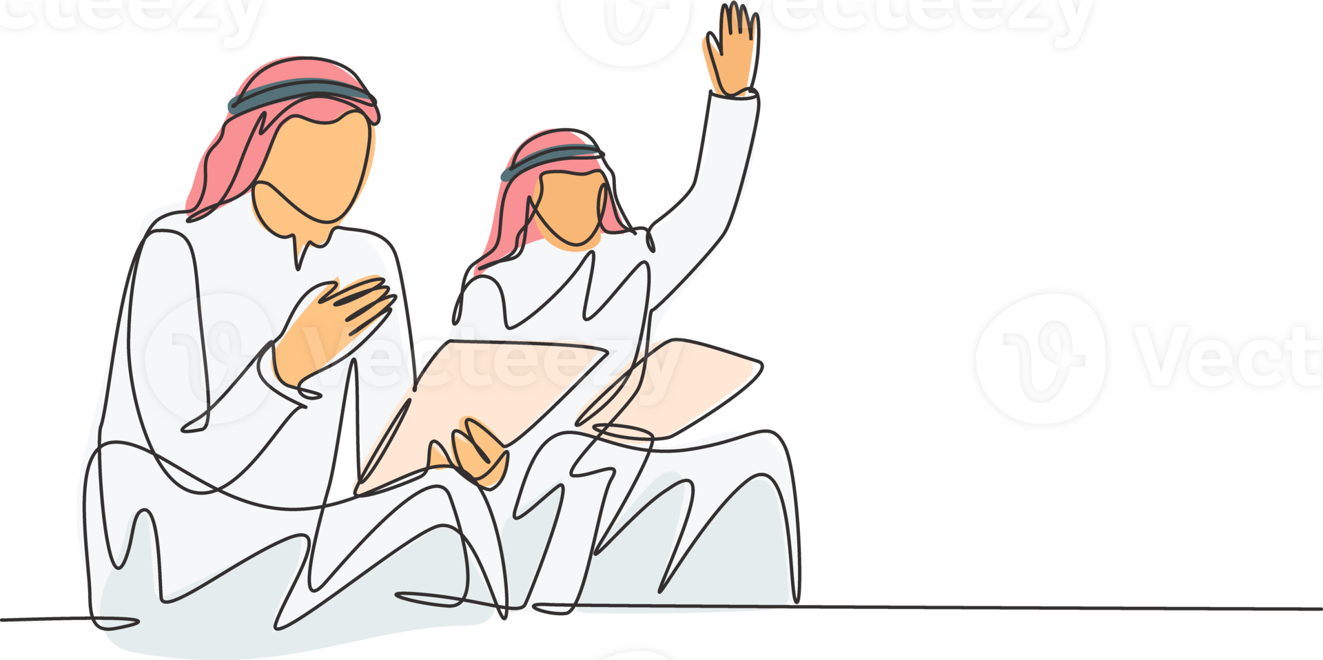 One continuous line drawing of young male muslim businessman take part in business coaching and raise hand to ask. Islamic clothing shemag, thobe, keffiyeh. Single line draw design illustration png
