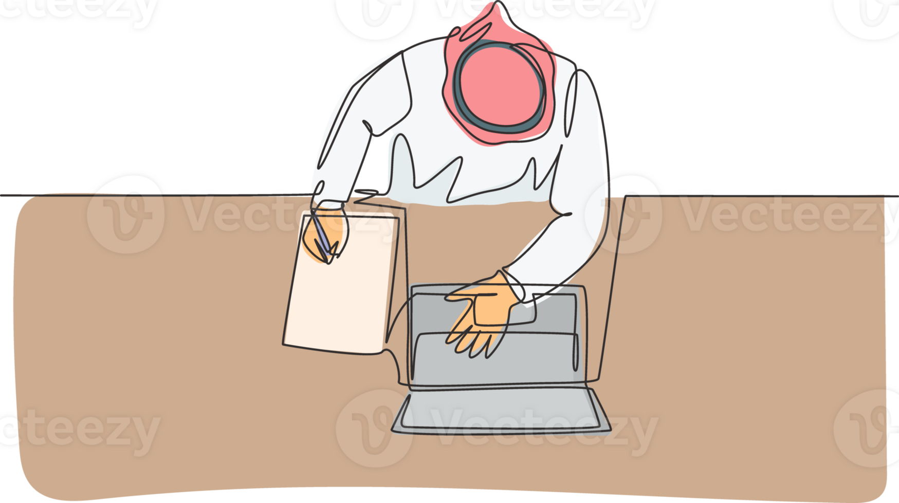 One single line drawing of young male muslim businessman writing business contract, from top view. Saudi Arabia cloth shmag, kandora, headscarf, thobe. Continuous line draw design illustration png
