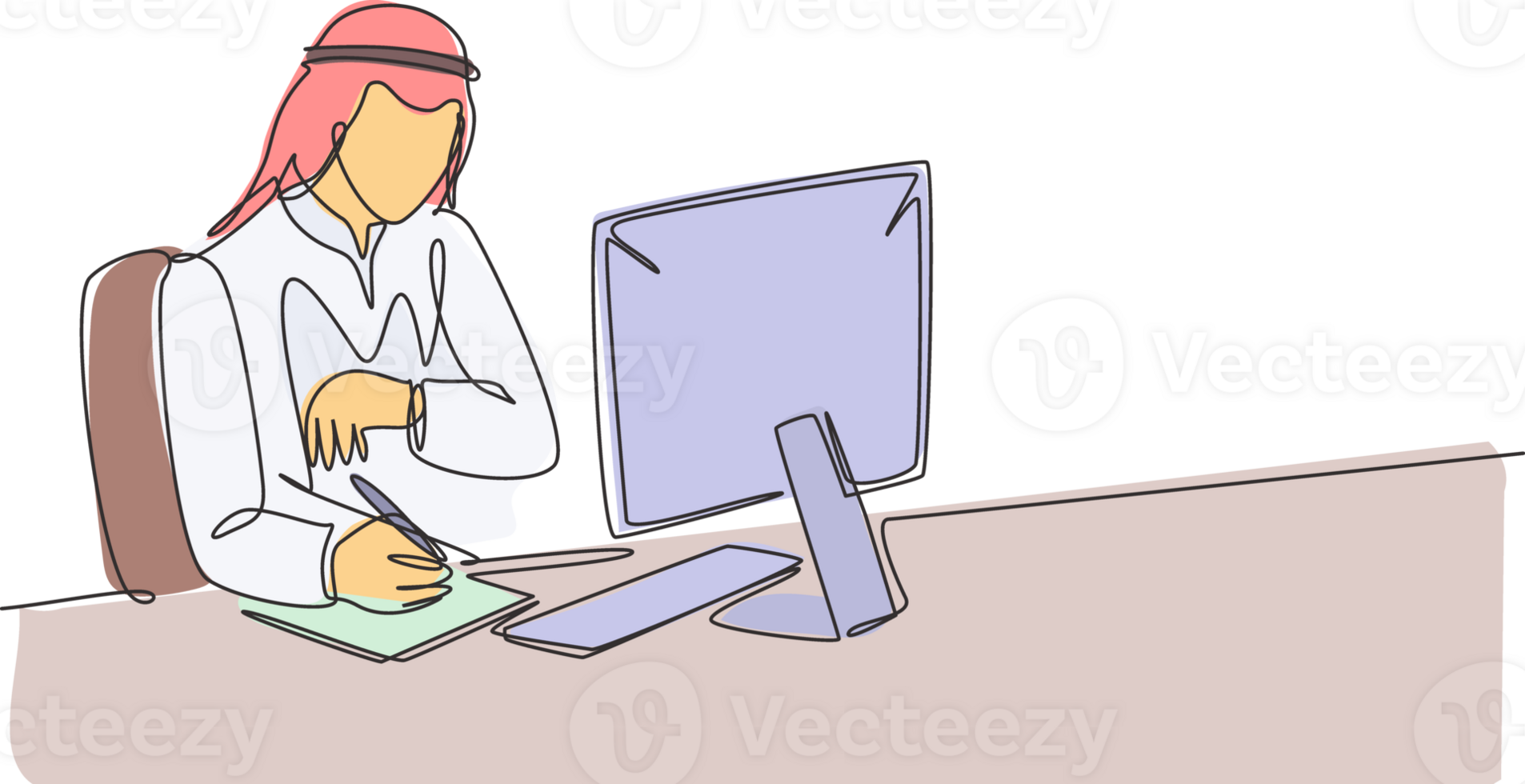 One continuous line drawing of young male muslim businessman watching to his wristwatch while finish his works. Islamic clothing shemag, kandura, keffiyeh. Single line draw design illustration png