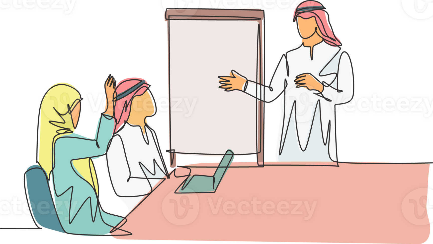 Single continuous line drawing of young male and female muslim businesspeople attending business coaching. Arab middleeast cloth shmagh, hijab, thawb, robe. One line draw design illustration png