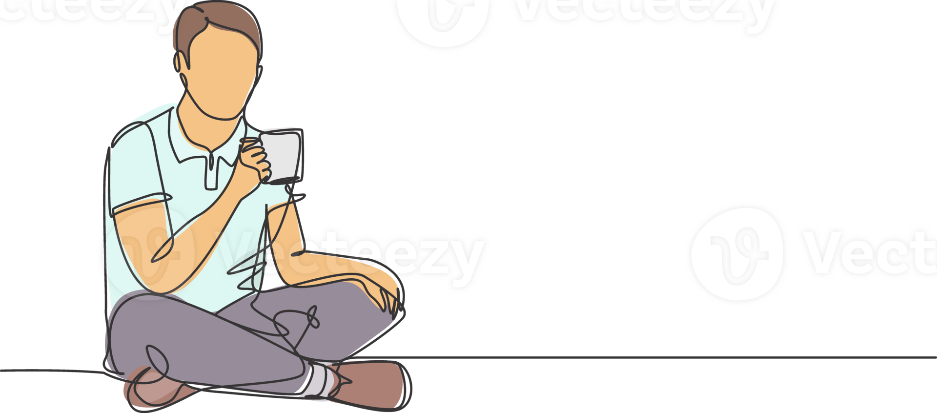 One continuous line drawing of young happy attractive worker sitting on the floor while holding a cup of coffee and thinking some ideas. Drinking tea concept graphic design illustration png