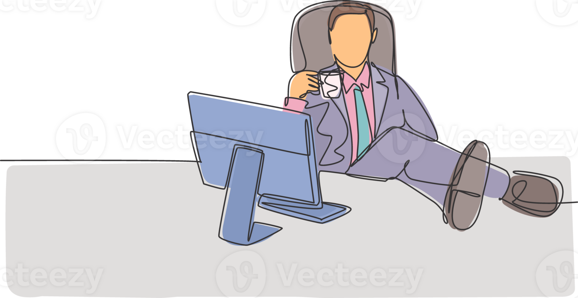 Single continuous line drawing of young happy business man analyzing annual report at computer screen while take a break at office. Drinking coffee concept one line draw design illustration png