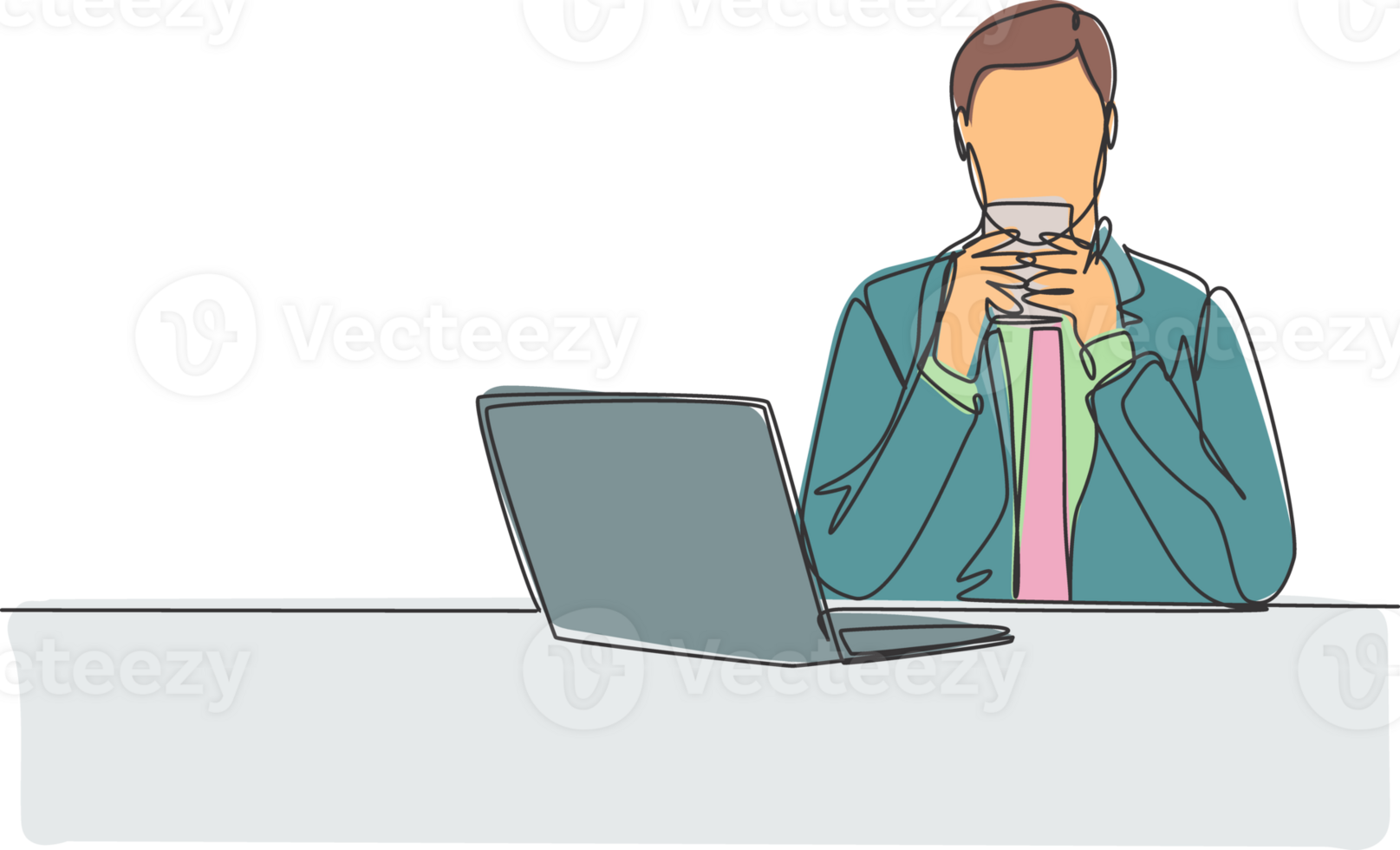 One continuous single line drawing of young happy marketing manager watching sales graph at laptop screen while enjoying aroma of the coffee. Drinking coffee concept cartoon design illustration png