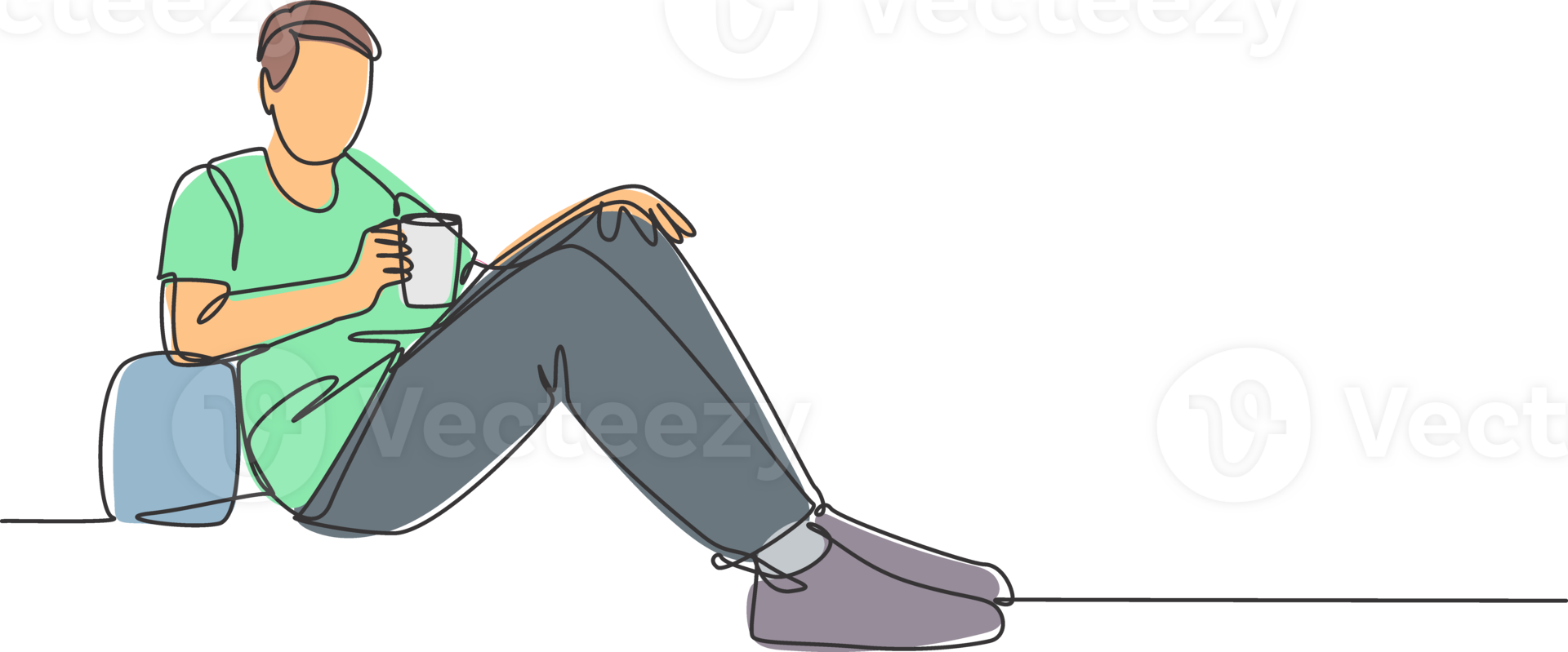 One continuous line drawing of young happy business man take a rest by lying down at sofa couch while holding mug of coffee. Drinking or tea concept single line draw sign design illustration png