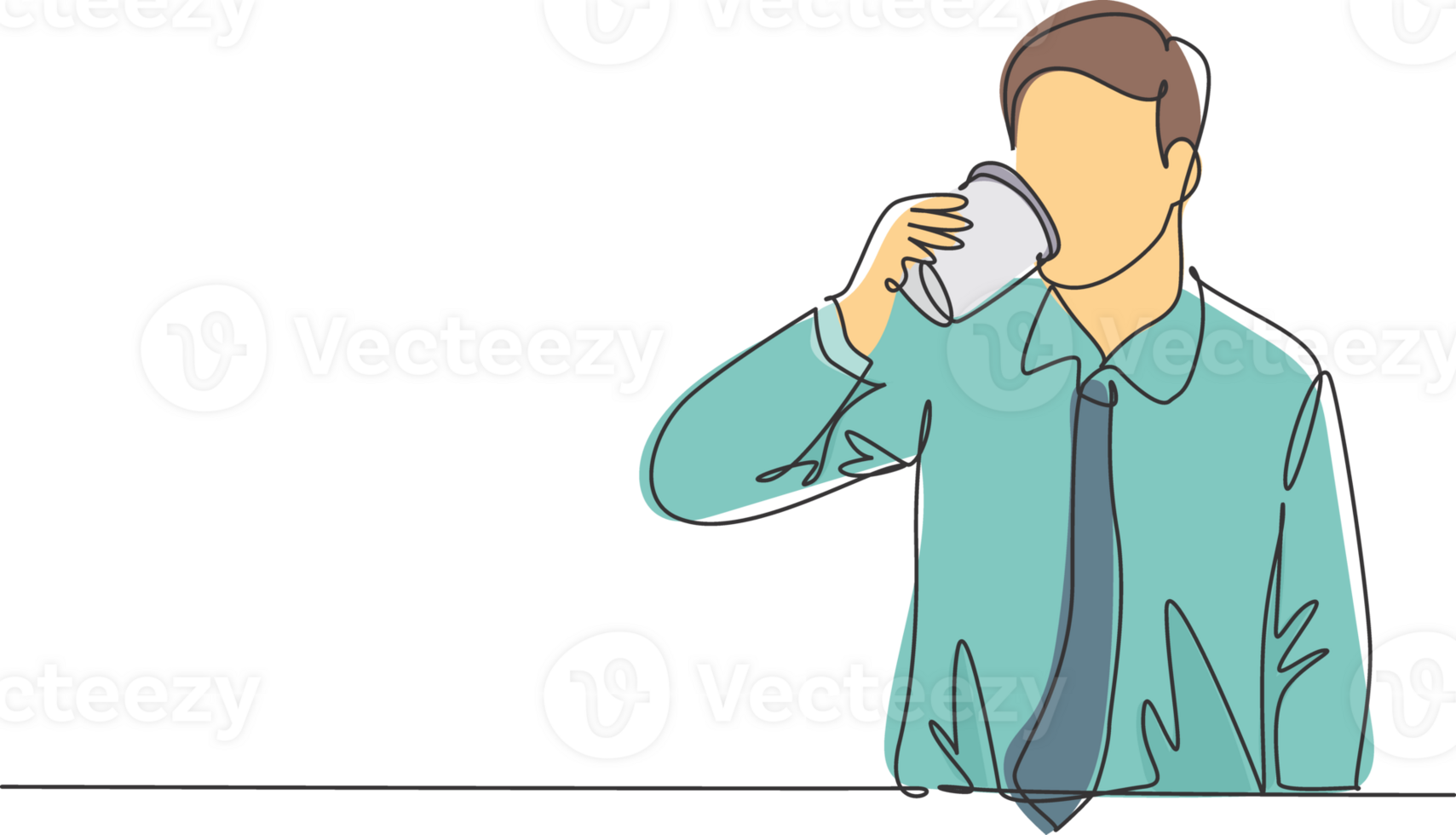 Single continuous line drawing of young thirsty worker take a drink while office break at canteen. Drinking coffee or tea concept. Trendy one line draw cartoon design illustration png