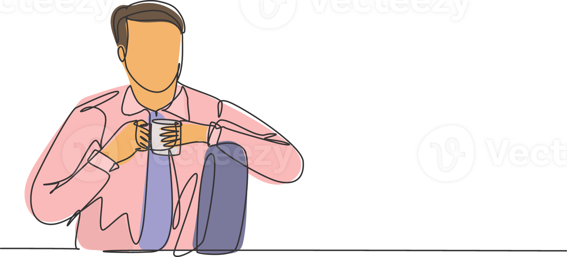 One continuous single line drawing of young happy office worker leaning his body to a sofa while holding a mug of coffee. Drinking coffee or tea concept cartoon design illustration png