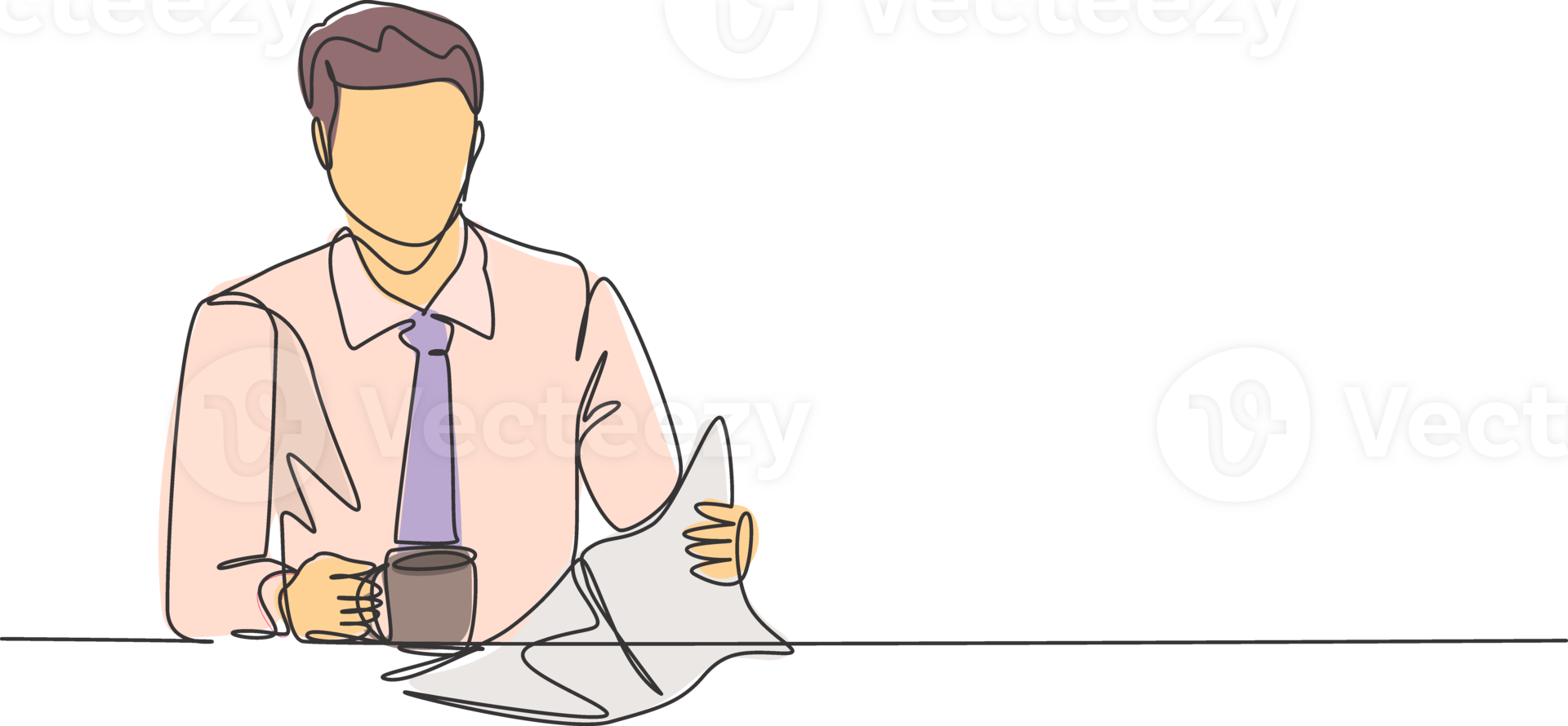 One single line drawing of young happy attractive worker holding coffee mug while reading a newspaper at office. Drinking coffee or tea concept continuous line draw symbol design illustration png