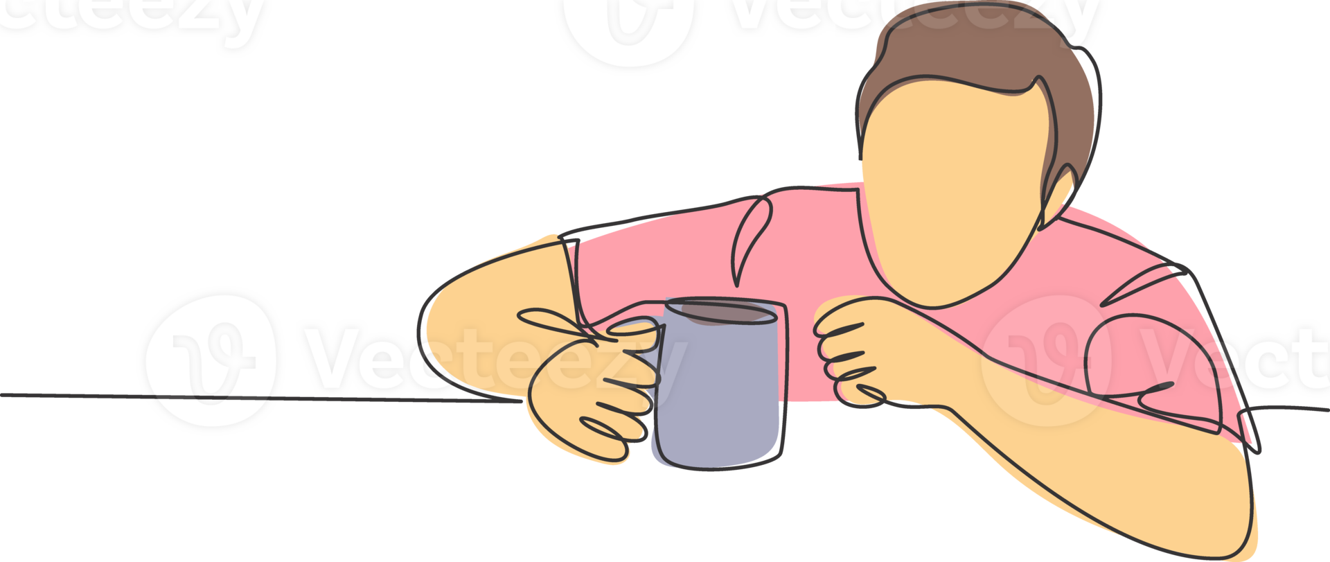 One single line drawing of young desperate worker staring blankly to a mug of coffee while order drink at cafe. Drinking coffee or tea concept continuous line draw symbol design illustration png