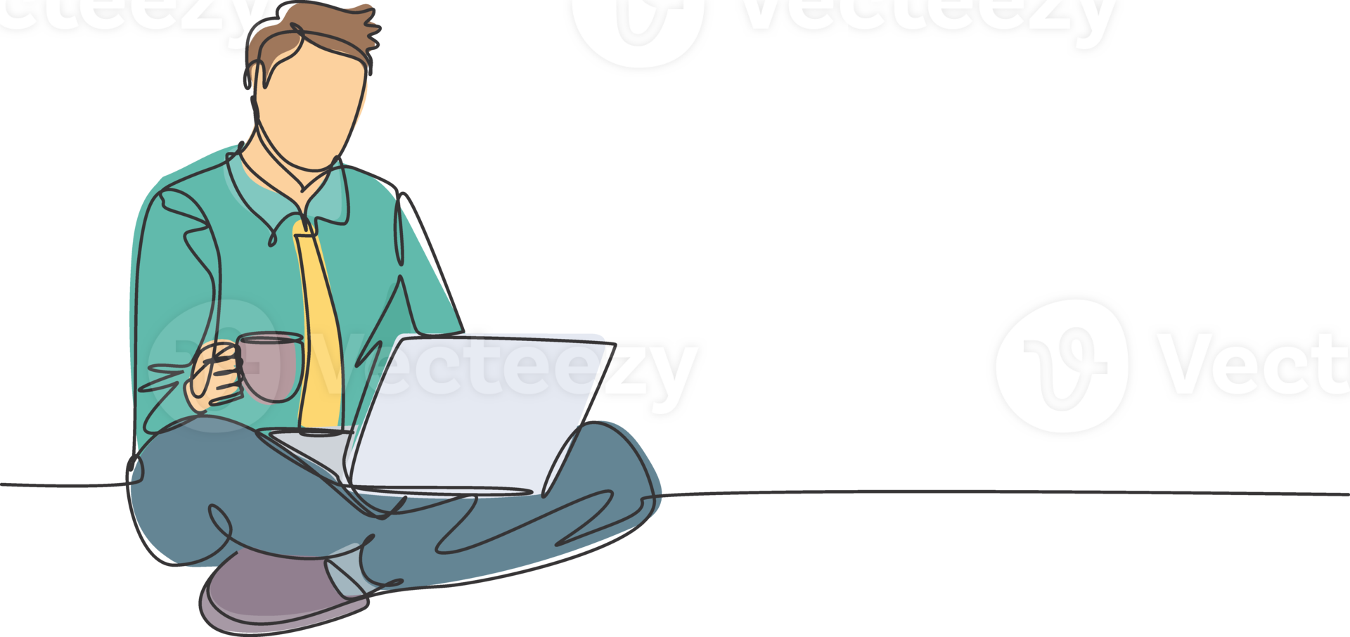 One continuous line drawing of young happy office worker sitting on the floor finish his work while holding a cup of coffee. Drinking coffee or tea concept single line draw design illustration png